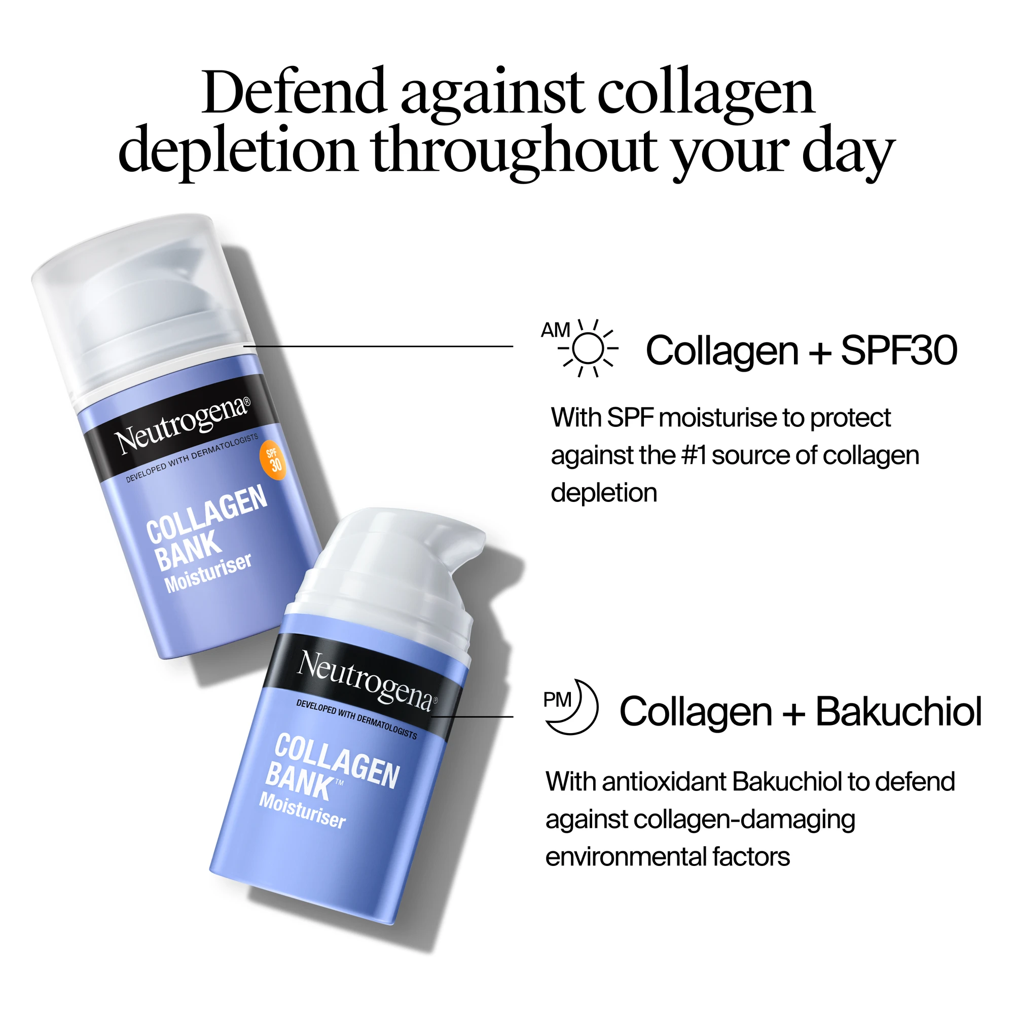 Neutrogena® Collagen Bank Moisturiser SPF30 helps preserve collagen for plumper-looking skin