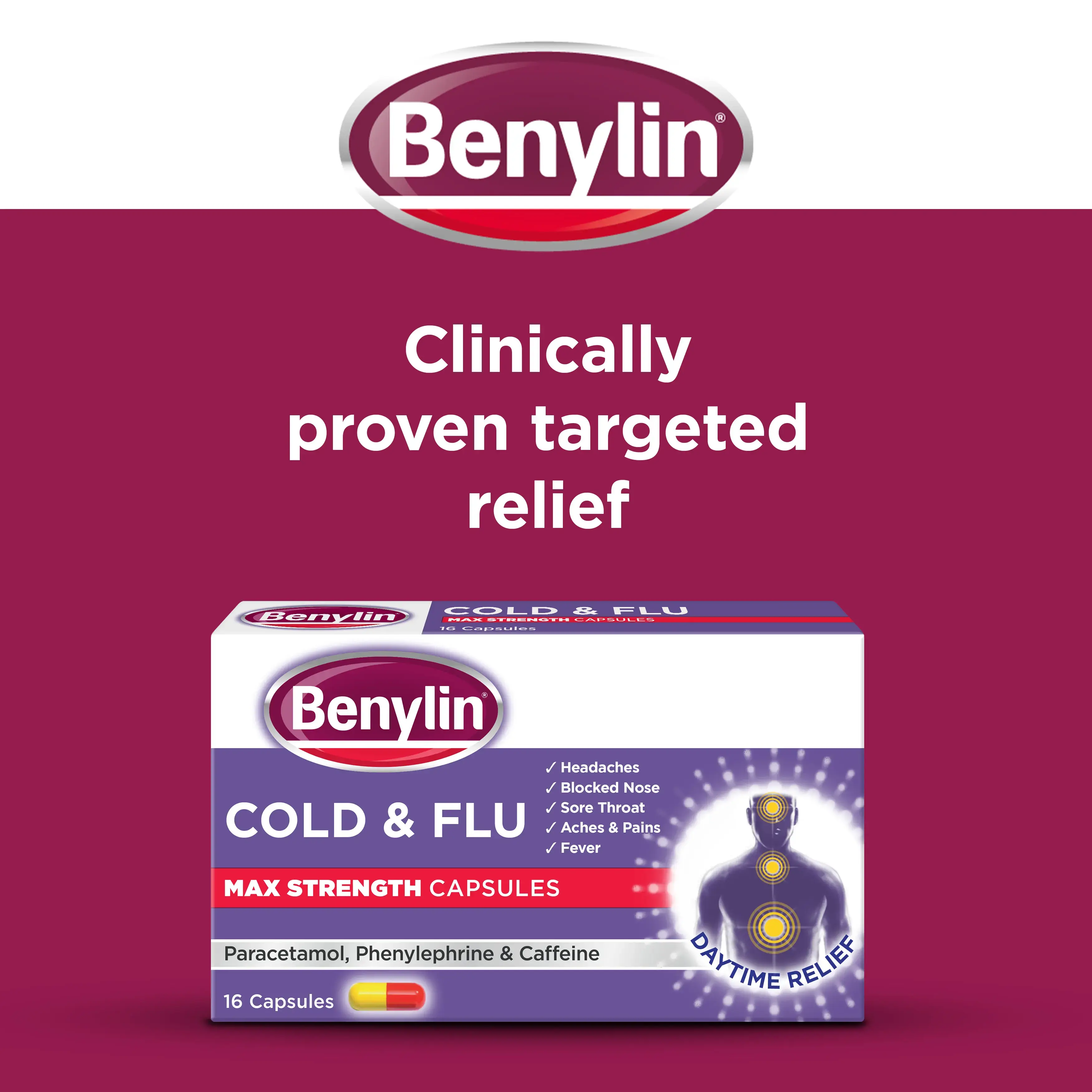 Image showing packshot of Benylin Cold & Flu Max Strength Capsules with the title: Clinically proven targeted relief