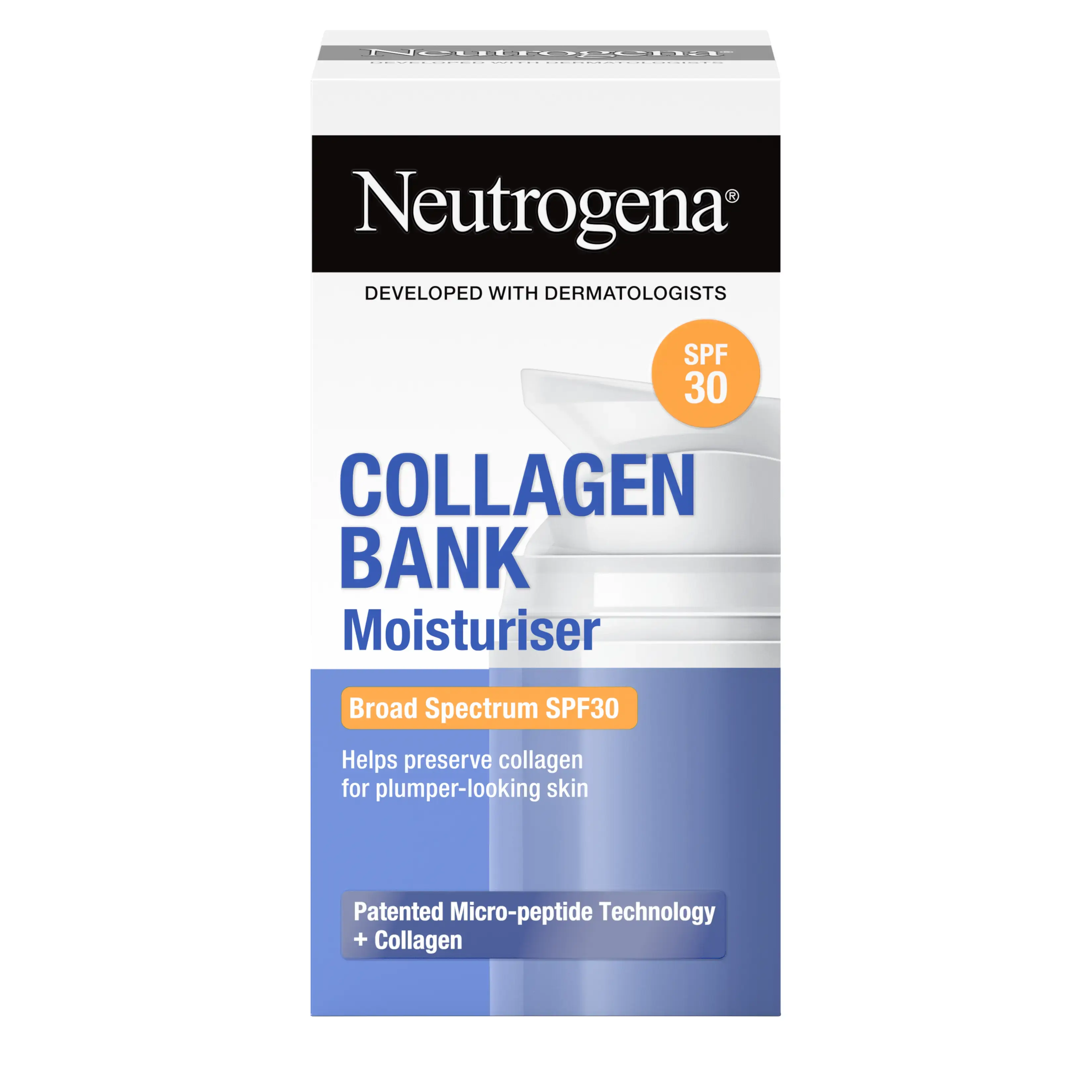 Neutrogena® Collagen Bank Moisturiser SPF30 helps preserve collagen for plumper-looking skin