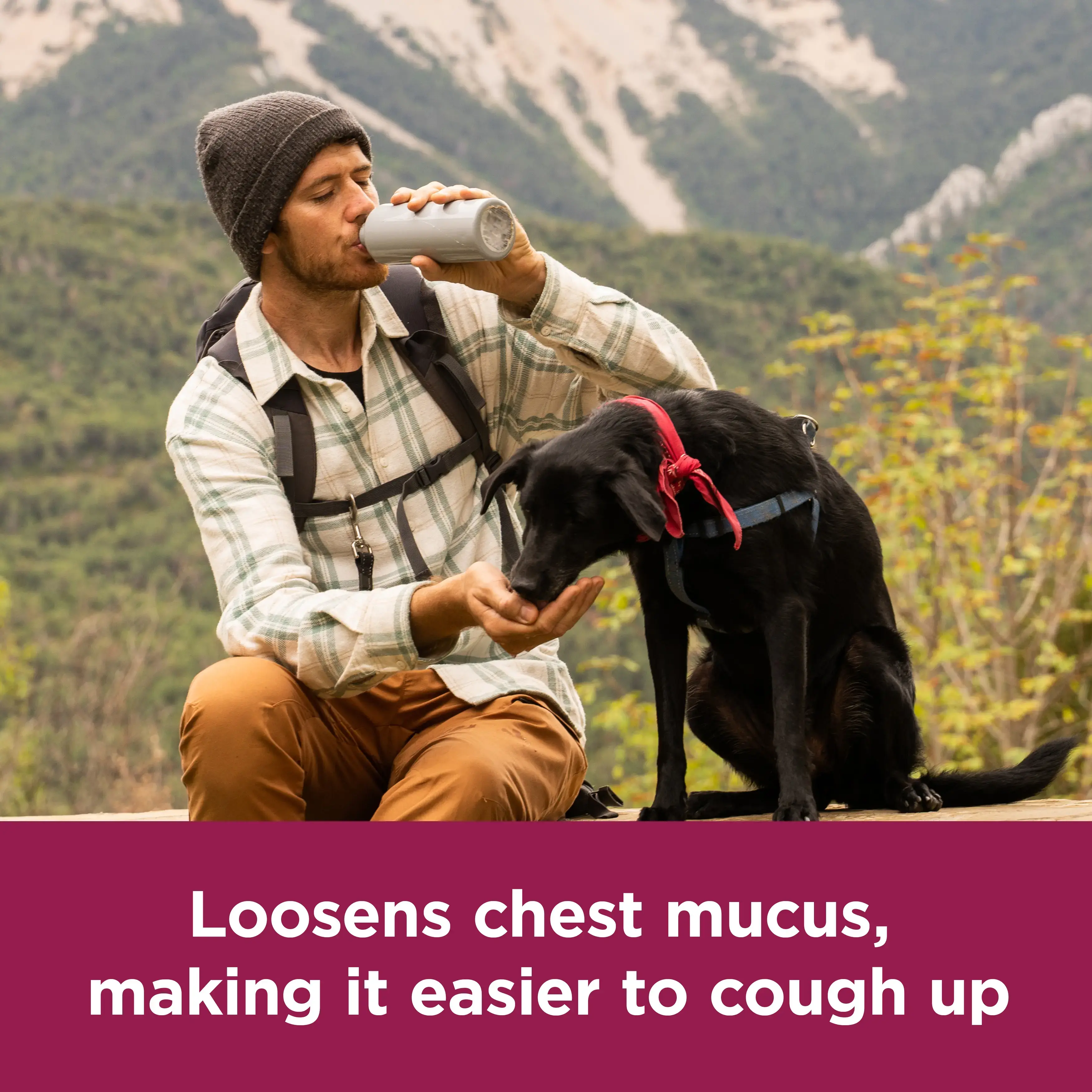 Image showing a man and his dog with the claim: Loosens chest mucus, making it easier to cough up