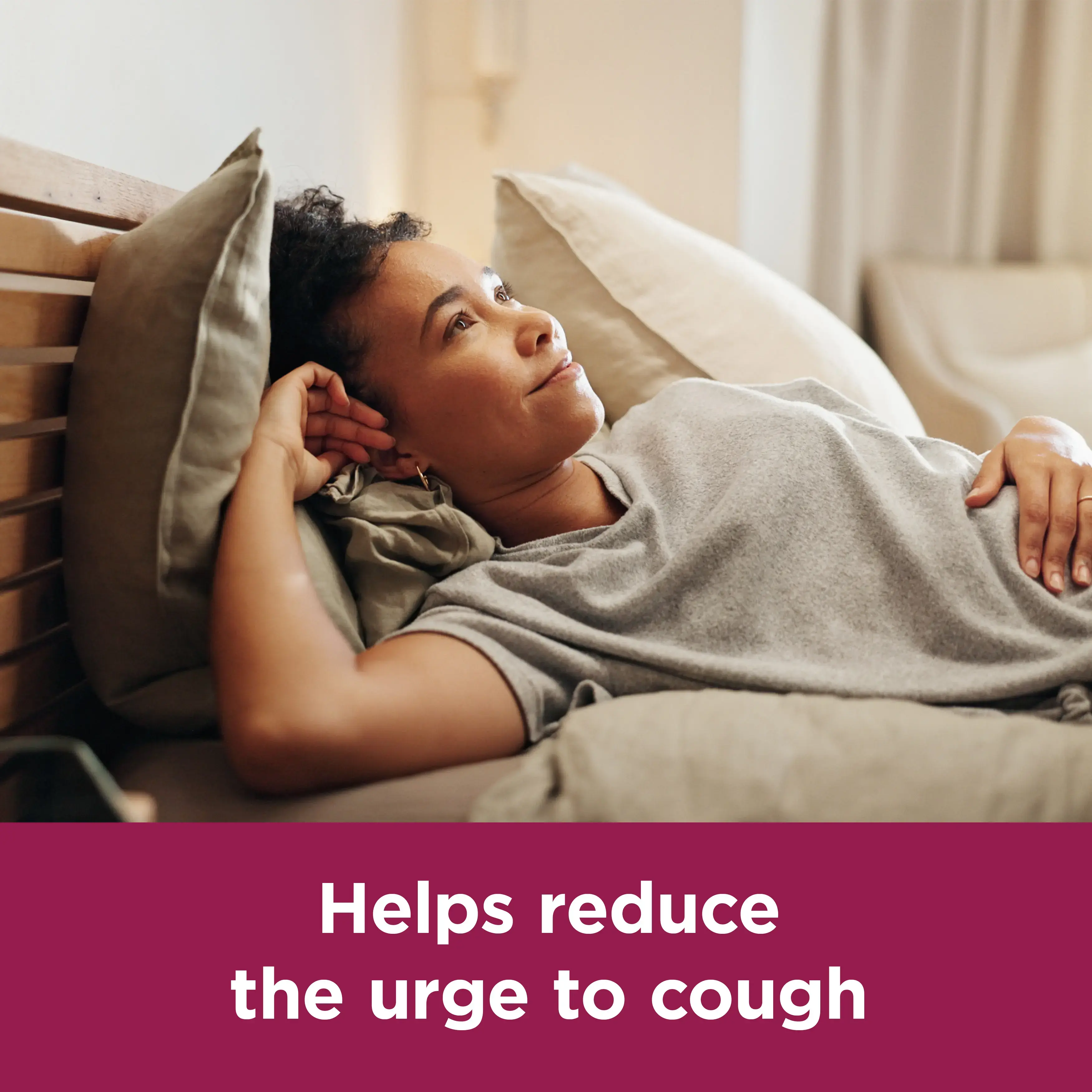 Image of a woman with the claim: Helps reduce the urge to cough