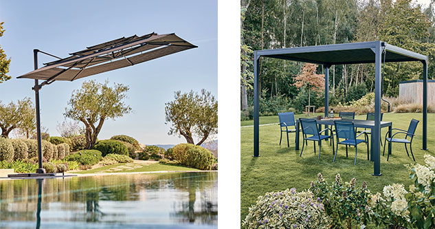 1: Parasol déporté grand vent carré gris chiné 3x3m 220g/m² Eole ECLOZ/ 2 : Pergola bioclimatique aluminium anthracite ECLOZ