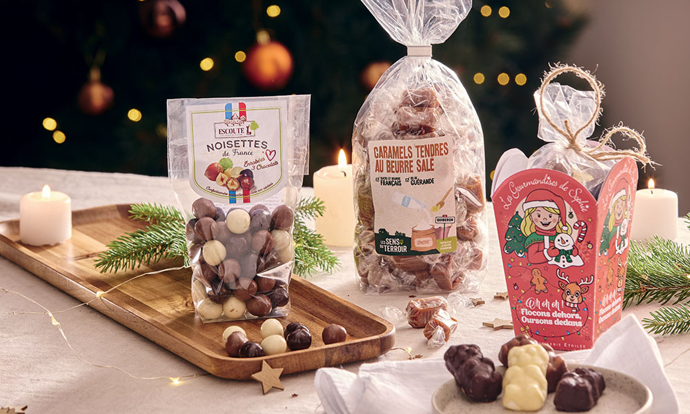 Caramel tendre au beurre salé Les Sens du Terroir, Noisettes de France enrobées aux 3 chocolats, Oursons guimauve Les gourmandises de Sophie