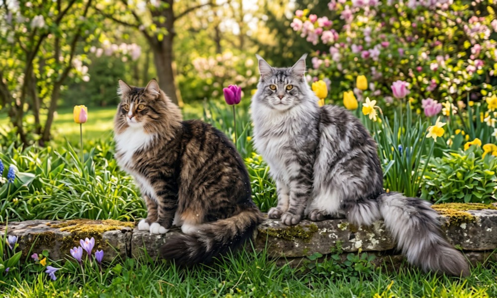 Un Norvégien et un Maine coon, côte à côte