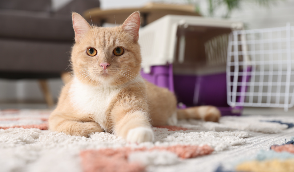 Un chat roux et blanc allongé sur un tapis devant sa caisse de transport