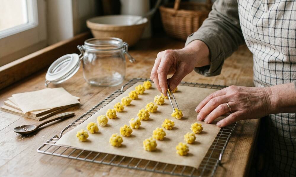 Disposez les fleurs sur la grille à pâtisserie à 2 cm les unes des autres pour les faire sécher 