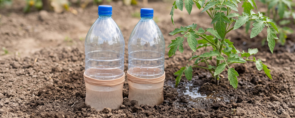Percées à leur base, ces bouteilles plastique sont parfaites pour l'arrosage au goutte-à-goutte de ces fraisiers