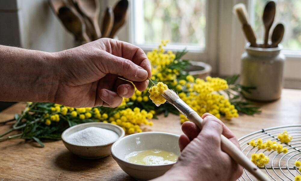 Tenez chaque fleur par sa tige pour la recouvrir de blanc d'œuf avec un pinceau 