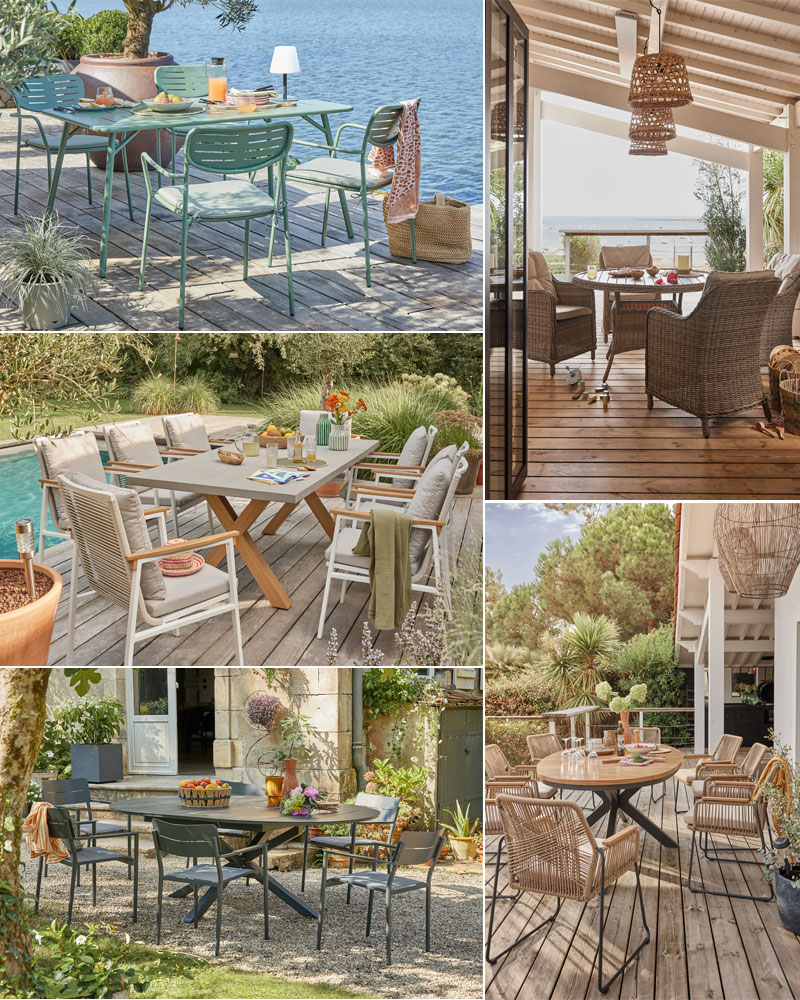 Table de jardin rectangulaire acier verte 4 personnes Eze ECLOZ / Salon de Jardin résine tressée ficelle 4 personnes Sienne - ECLOZ / Table de jardin rectangulaire résine blanc effet bois 8 personnnes Electra ECLOZ / Table de jardin ronde extensible alu anthracite 6/8 personnes Ery ECLOZ / Table fixe repas Edna - ECLOZ -