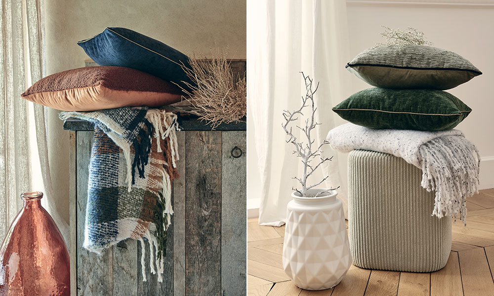 Plaid à franges multicolore L.170 x l.130 cm - ECLOZ & Pouf carré en tissu vert H.38 cm - ECLOZ
