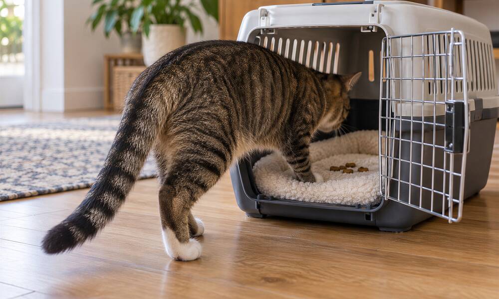 Le sac posé au sol et ouvert avec ses affaires et des friandises dedans, peu de chances que le chat n'aille pas s'y installer spontanément ! 