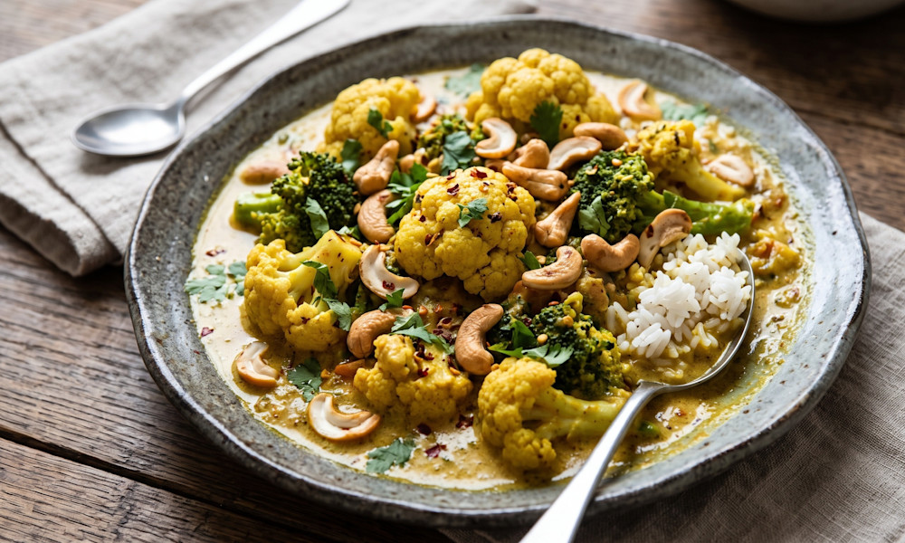 Curry de chou fleur et de brocolis aux noix de cajou