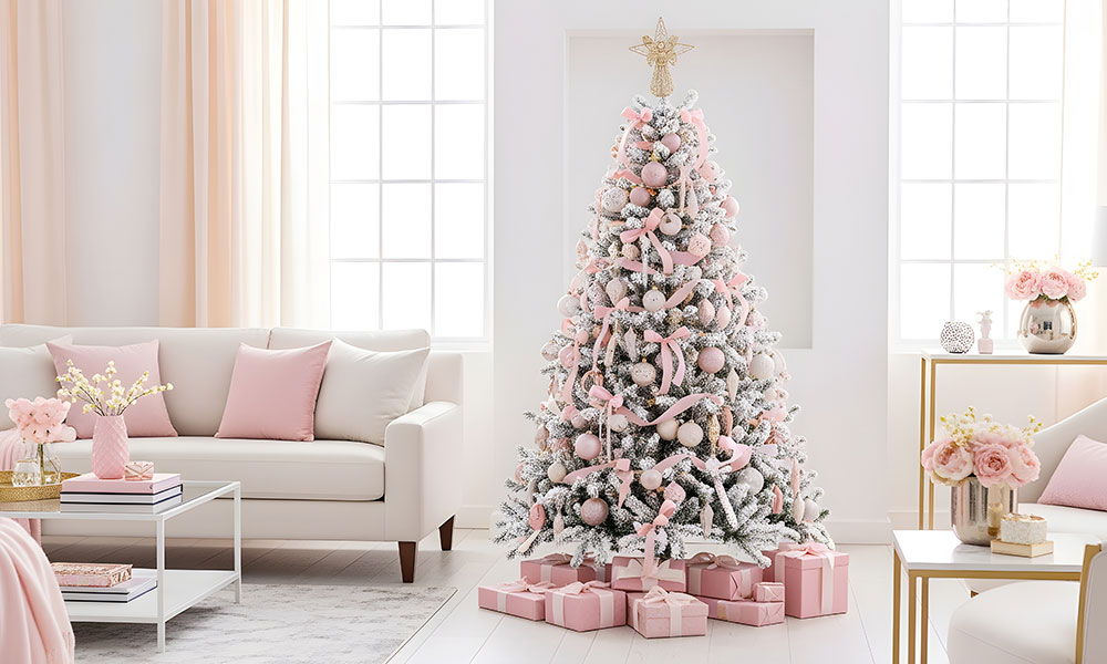 Sapin de Noël décoré en blanc et rose