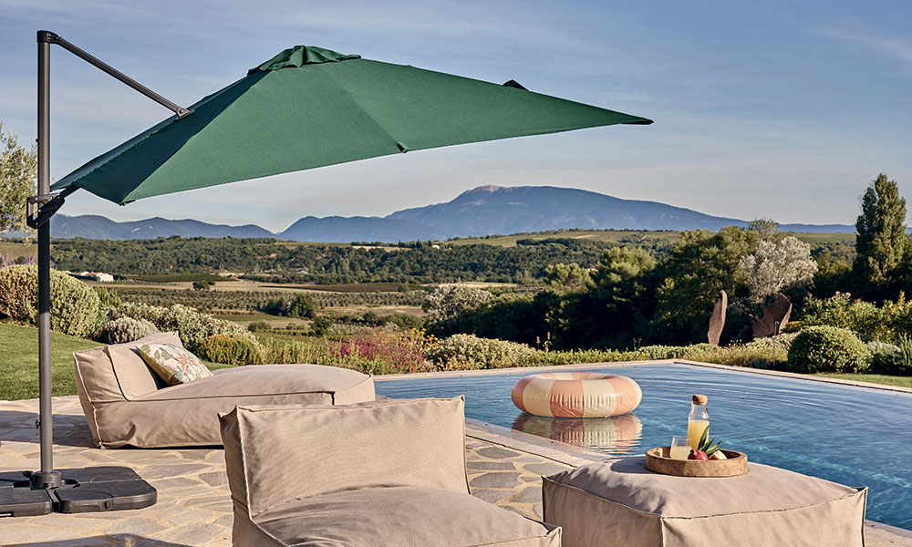 Parasol déport inclinable carré vert 3x3m 250g/m² Eloi ECLOZ