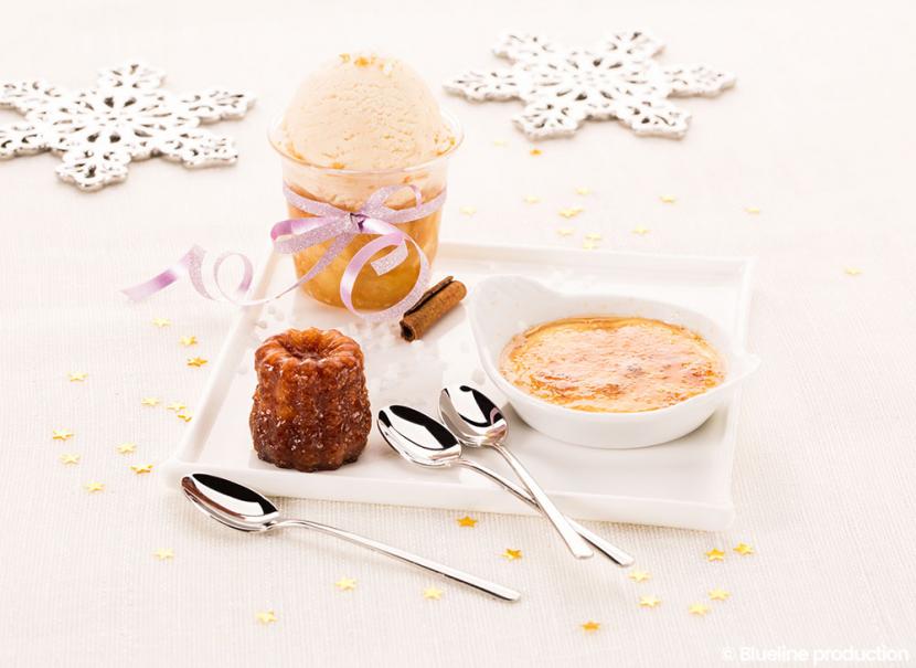 Crème brûlée au pain d'épices, compotée gourmande, mini-cannelés
