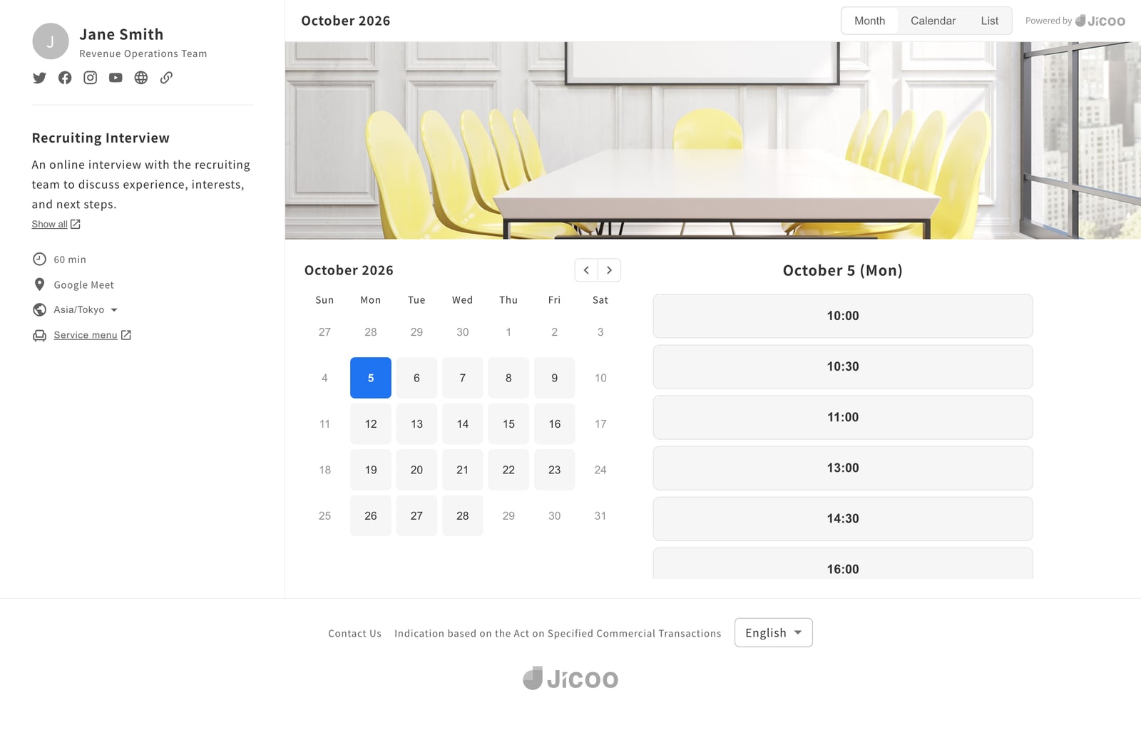 The new booking page: host details on the left, a month calendar and time slots on the right