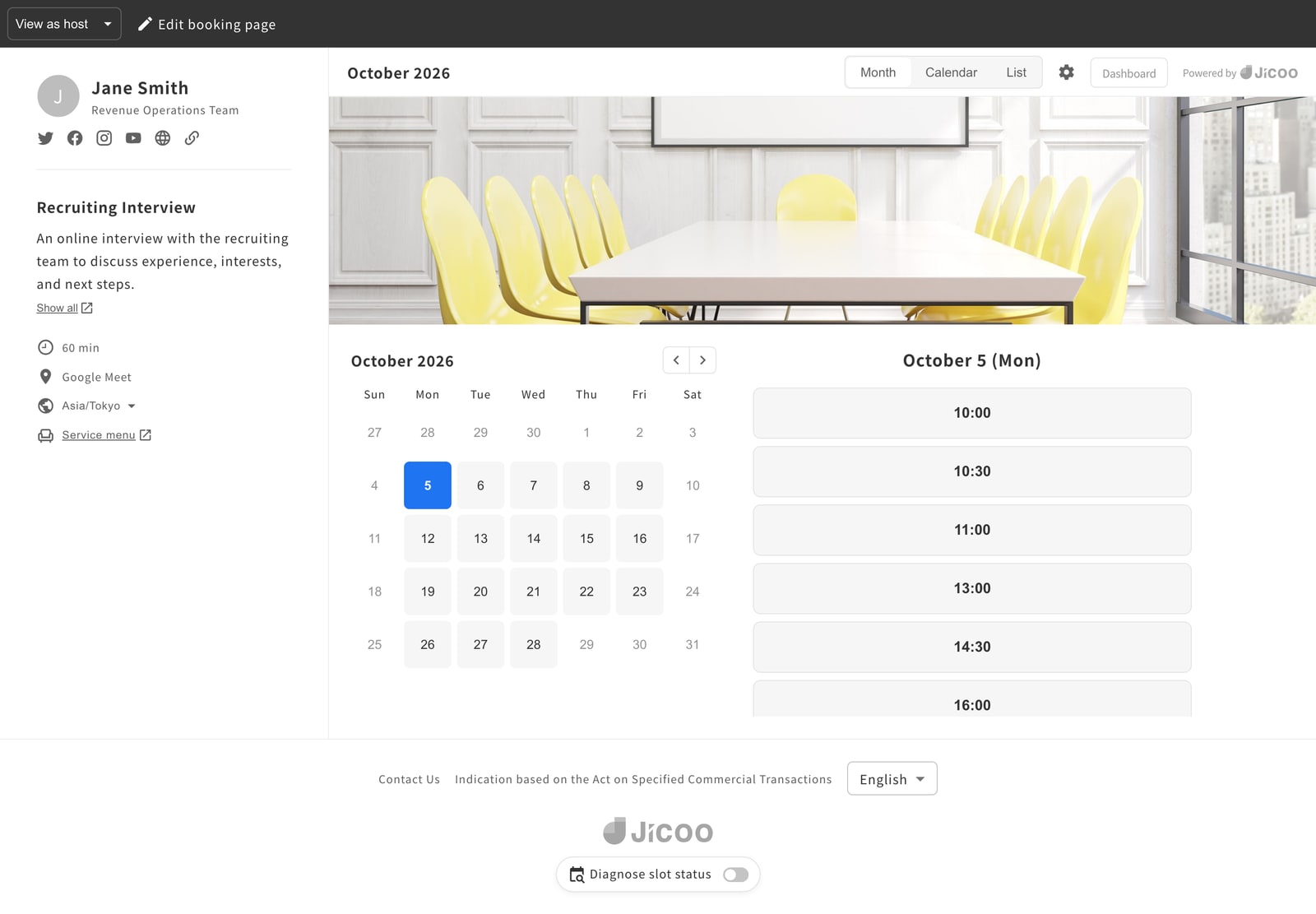 The booking page viewed as the host: the black bar at the top switches views, and Diagnose slot status appears in the bar at the bottom