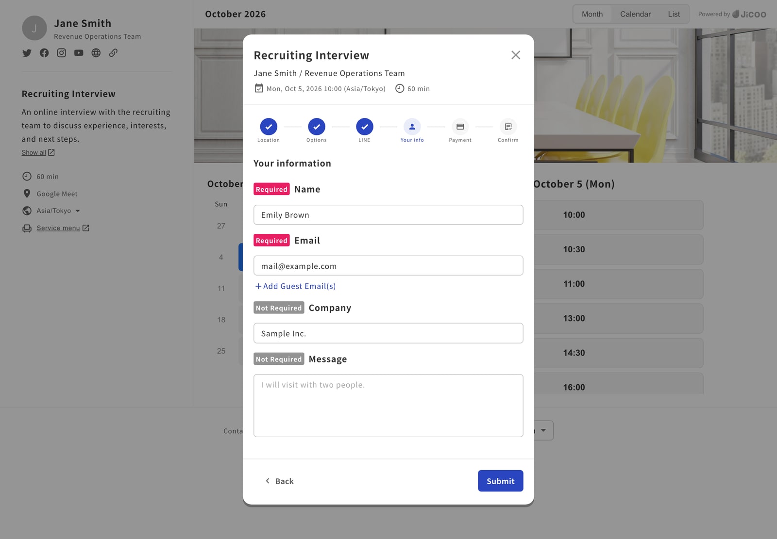 After a guest selects a time, a dialog opens in the center of the screen and walks them through the steps