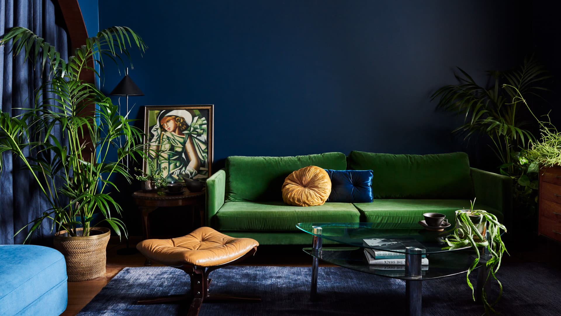 Hickford Street_deep blue walls_velvet sofa
