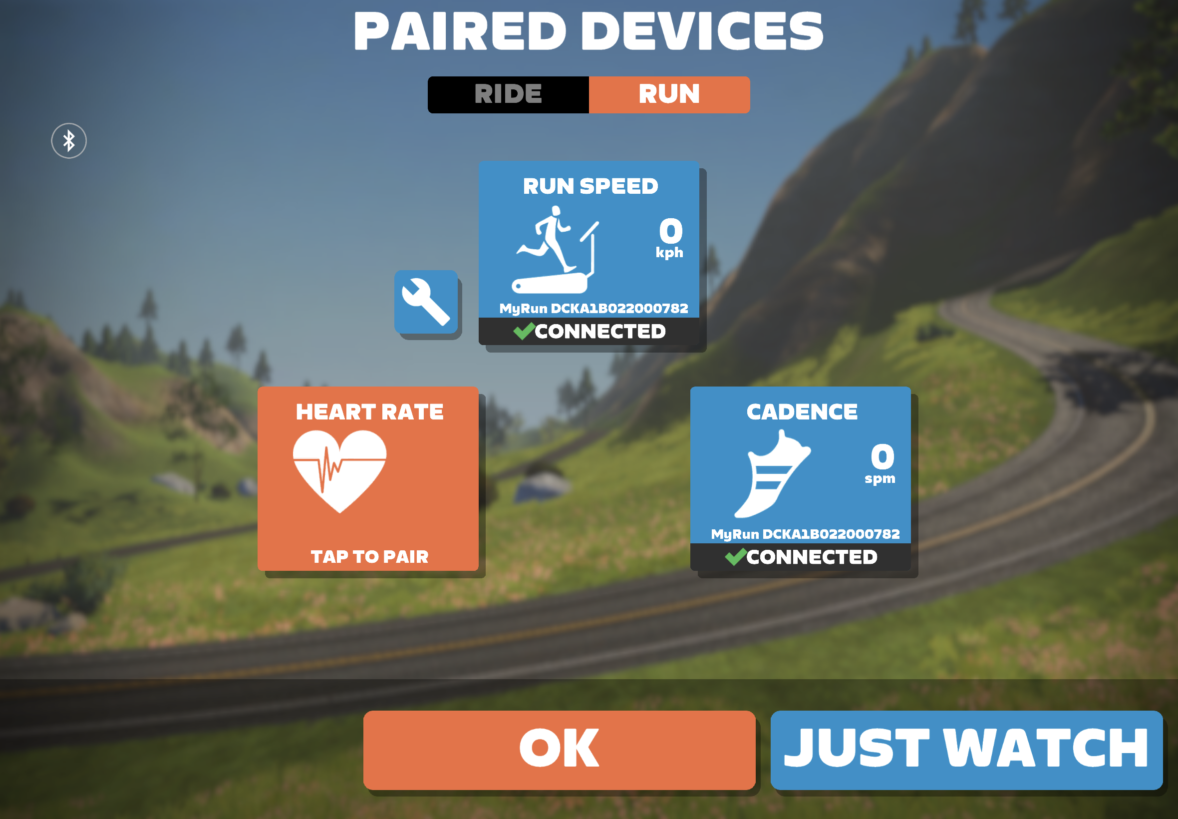 The running device pairing screen of Zwift, showing the Technogym MyRun treadmill connected as a "run speed" sensor and a "cadence" sensor.