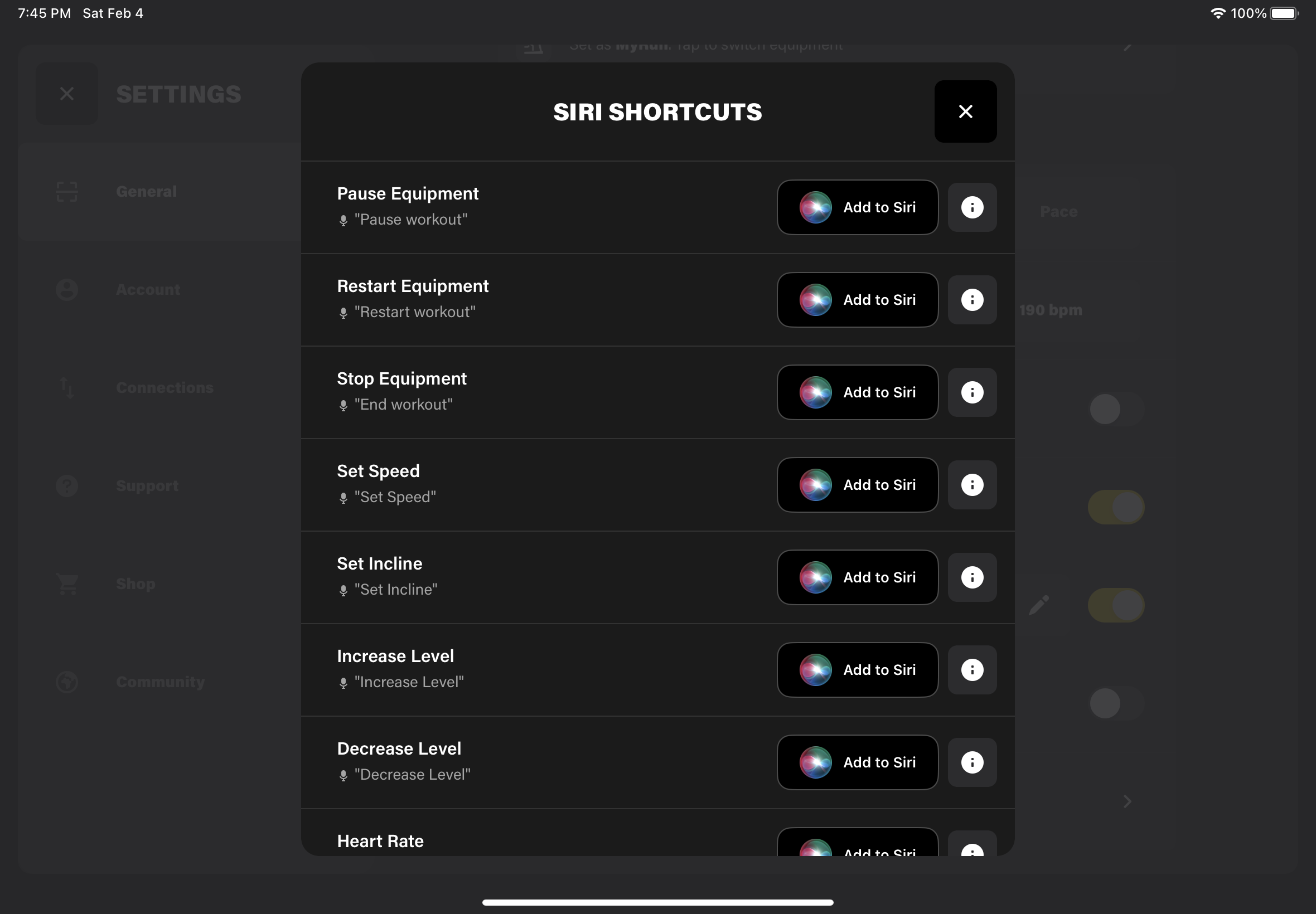 A screenshot of the various Siri shortcuts available in the Technogym Live app, including "pause equipment", "restart equipment", "stop equipment", "set speed", "set incline", "increase level", "decrease level", and "heart rate".