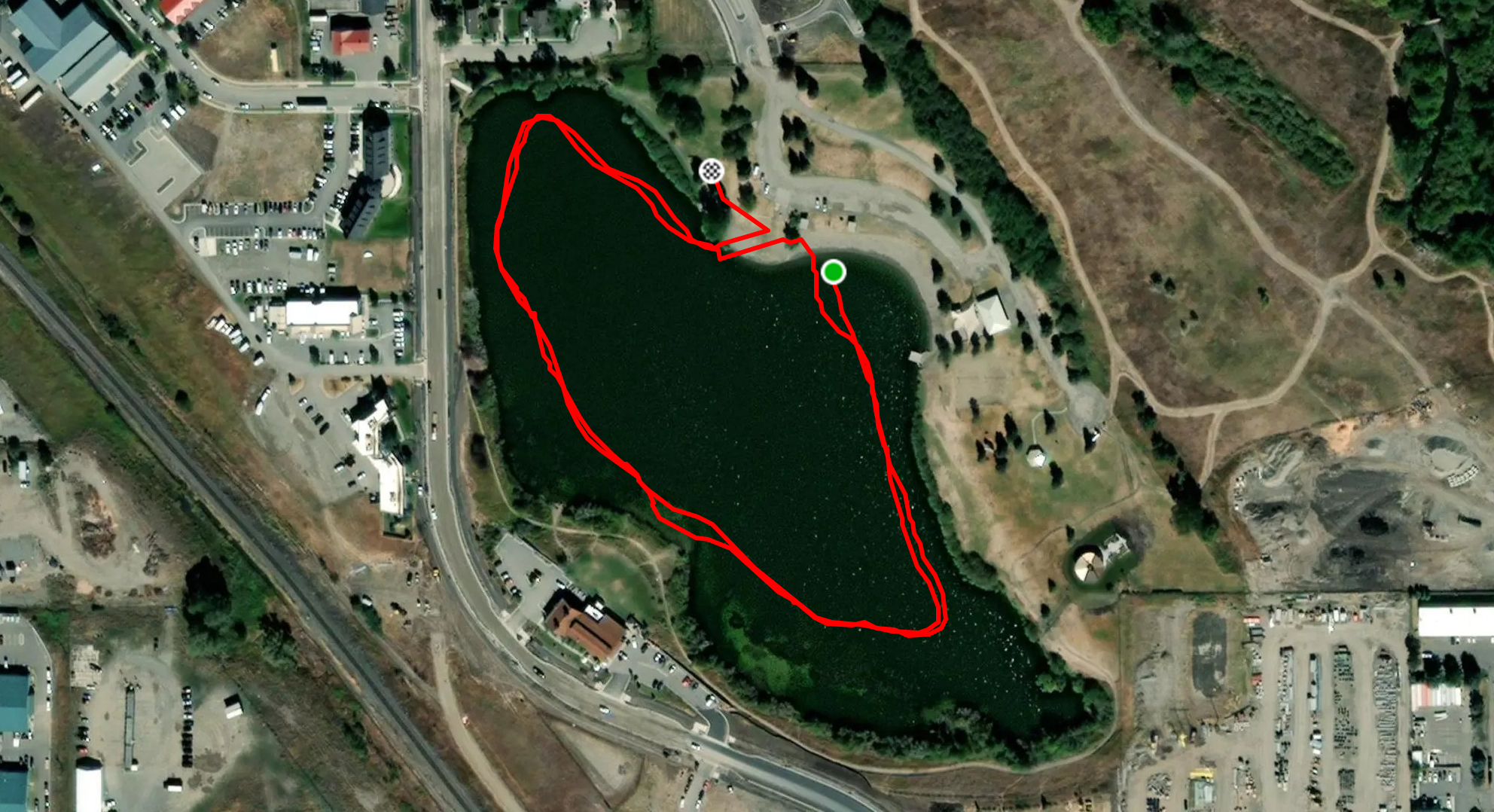 A satellite view of Glen Lake, showing the GPS track from my swim.
