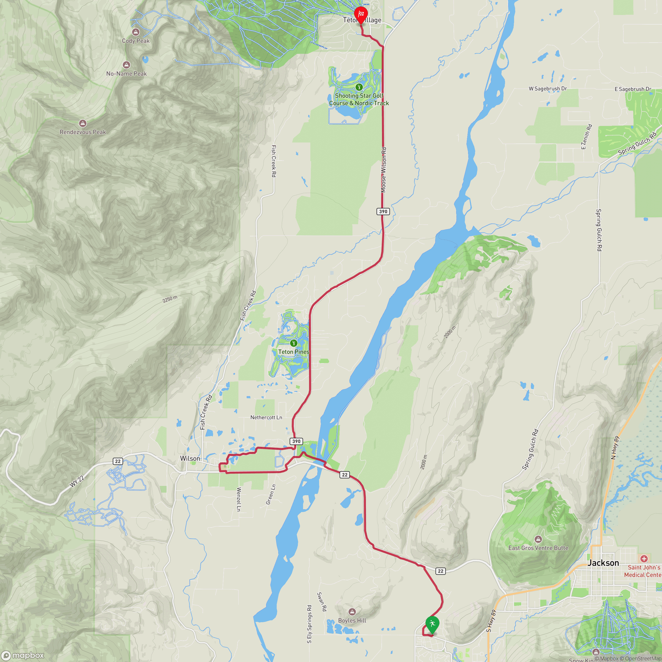 Um mapa mostrando a rota para a Meia Maratona Hole 2025, começando em Jackson e seguindo para o norte através de Wilson até Teton Village.