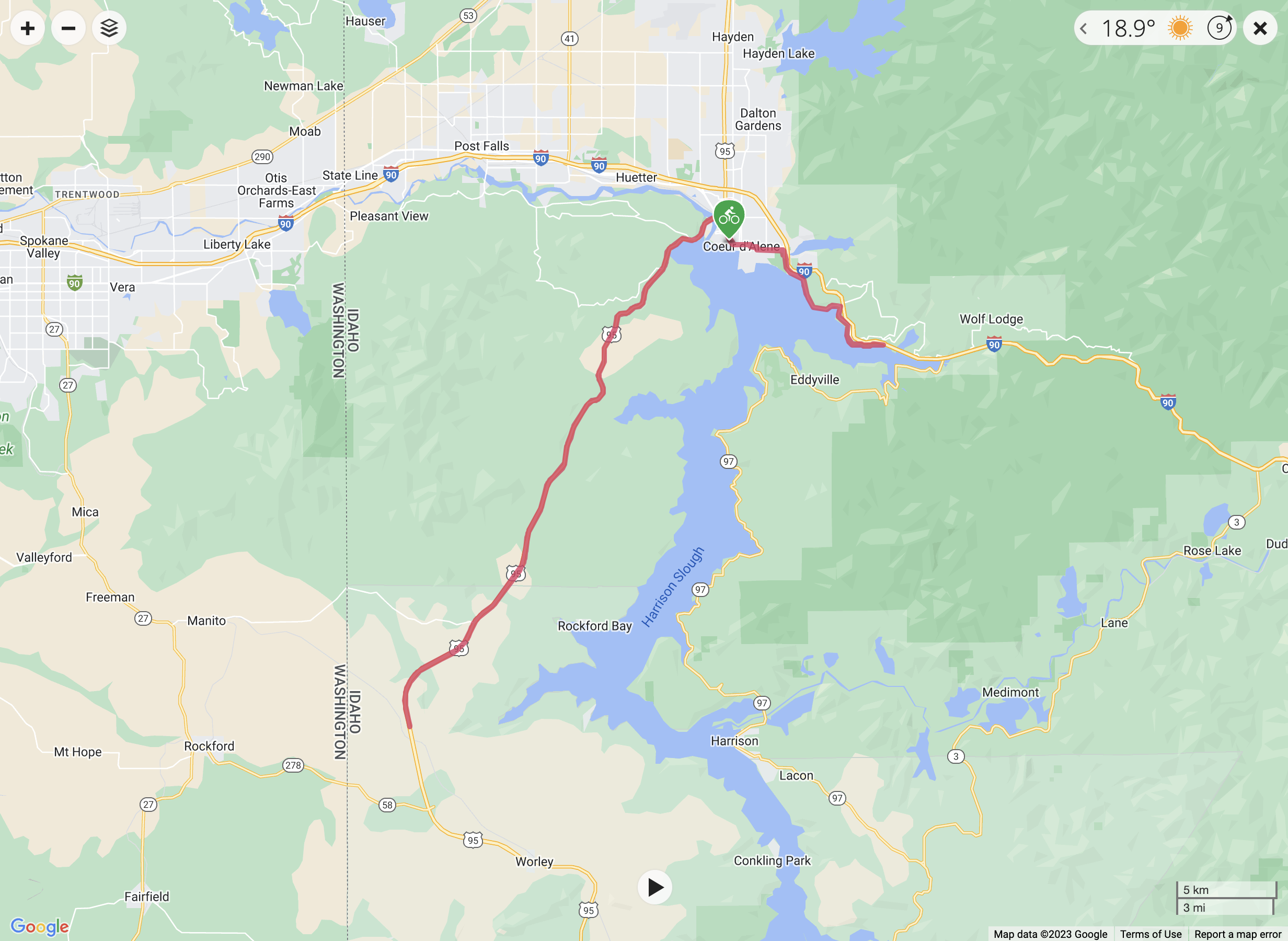 A screenshot of a Garmin Connect map showing the bike course for Ironman Coeur d'Alene.