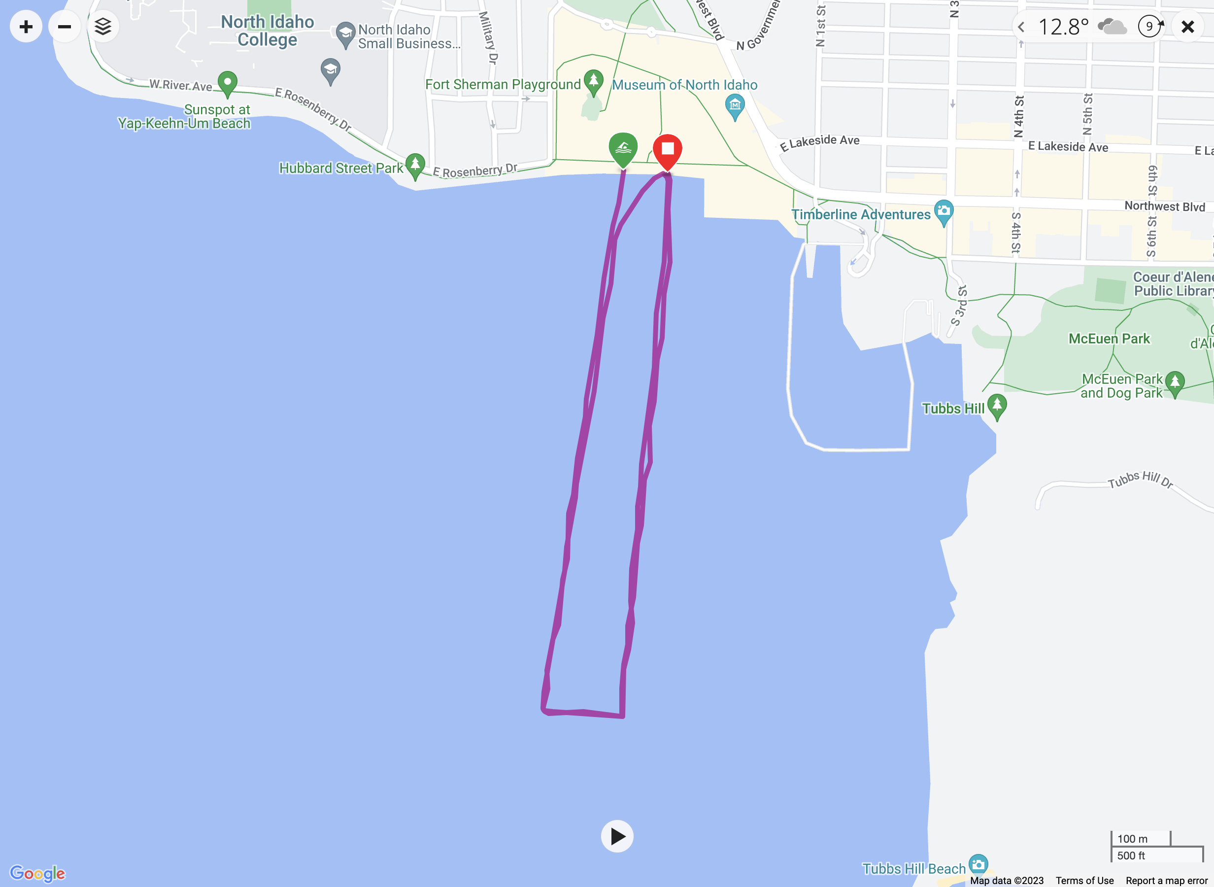 A screenshot from a Garmin Connect map showing the swim course for Ironman Coeur d'Alene.
