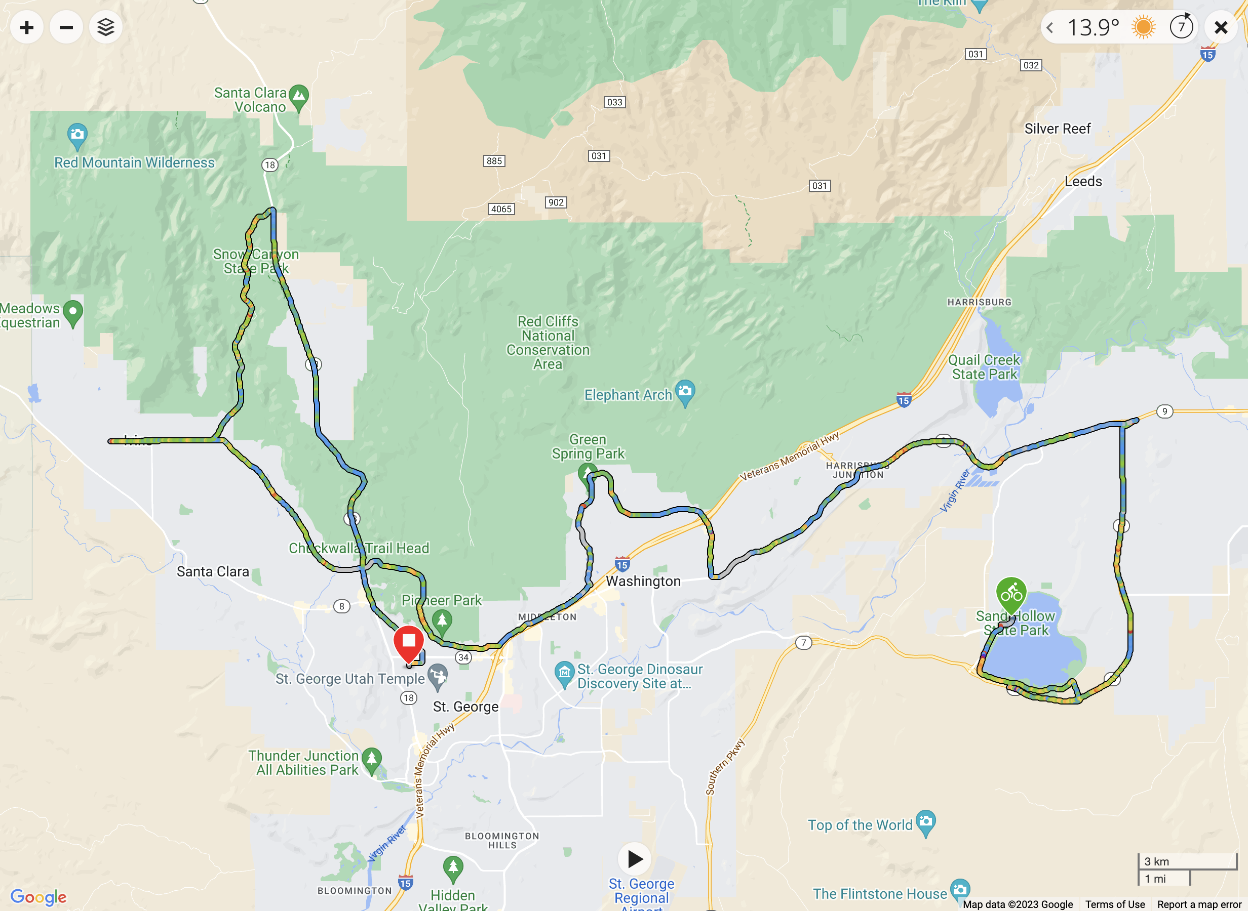A screenshot of a Garmin Connect map showing the route for the bike leg of Ironman 70.3 St. George.