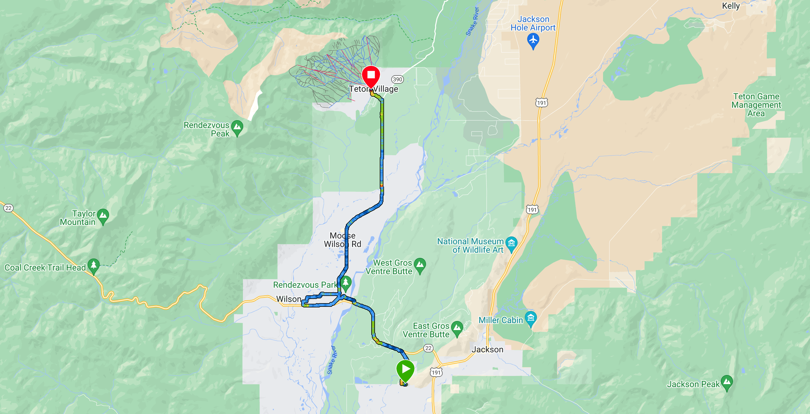 A screenshot of a Google map, showing the route of the Hole Half Marathon, from Jackson to Teton Village.