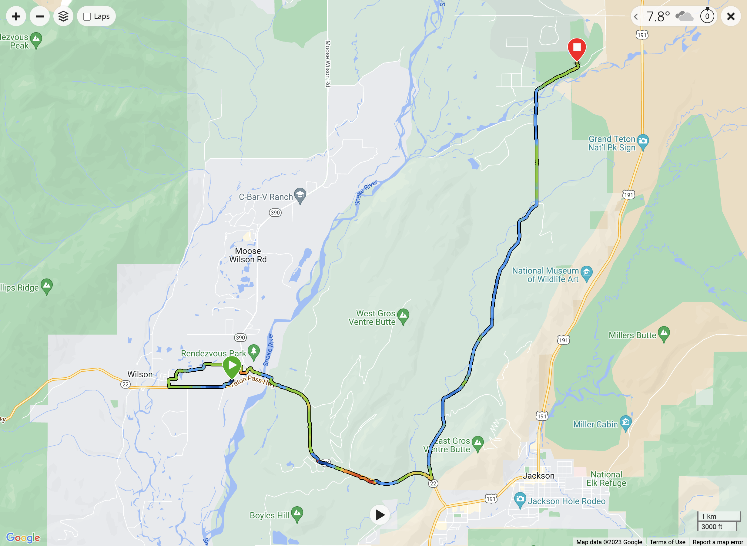 A screenshot of a Google Maps view of the route of the Grand Teton Half Marathon.