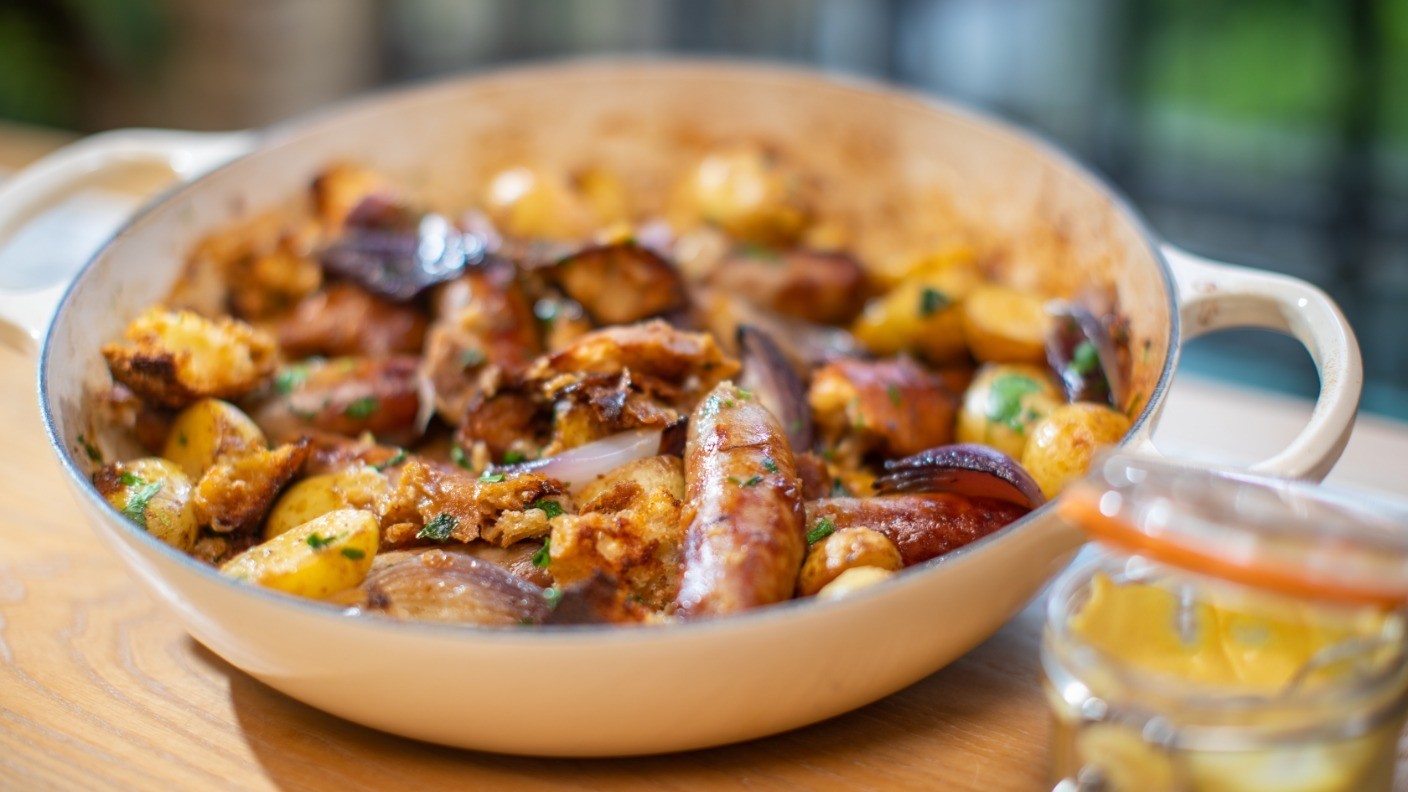In a rush Summer sausage, new potato and sourdough bake John and Lisa's Weekend Kitchen