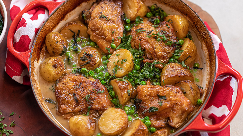 Chicken, pea, mint and pancetta traybake | John and Lisa's Weekend Kitchen