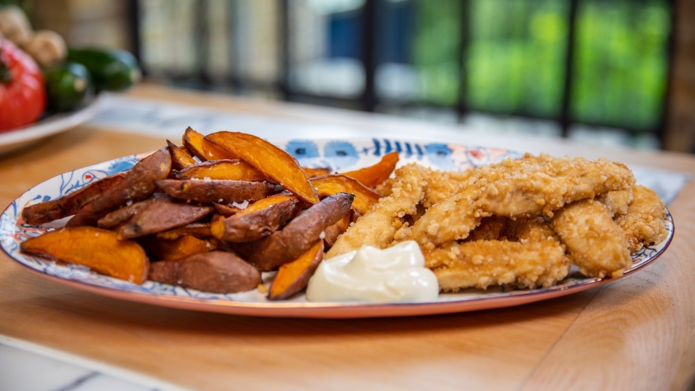 Family favourites Rice Krispie chicken with sweet potato wedges John and Lisa's Weekend Kitchen