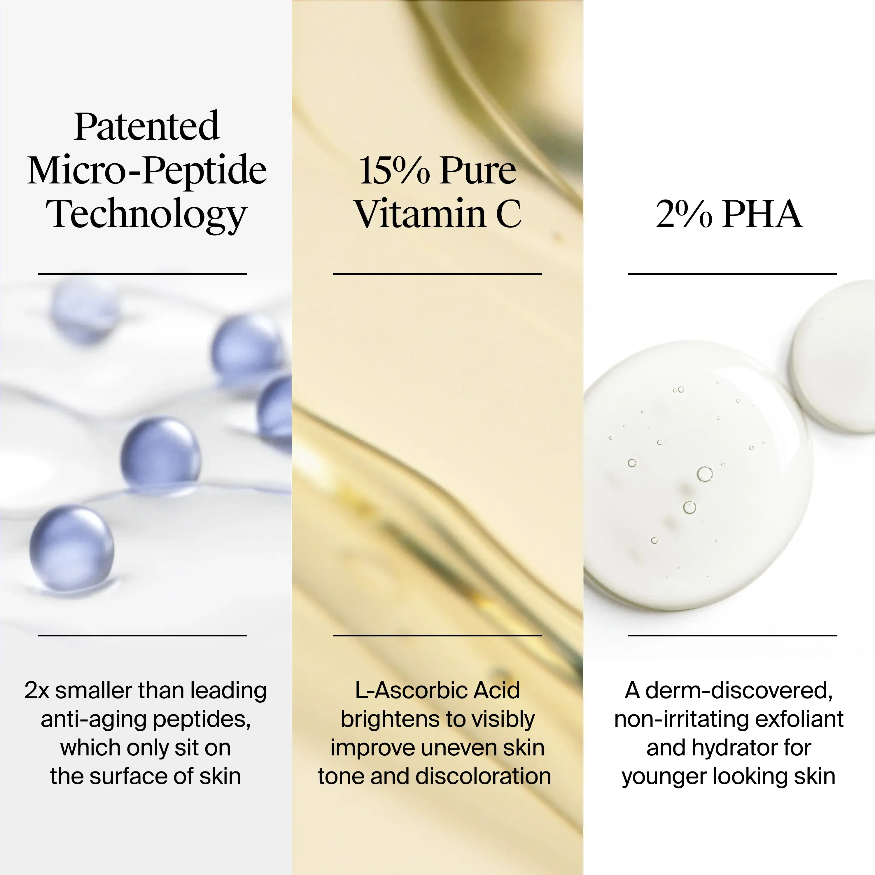 Patented Micro-peptide Technology, 15% Pure Vitamin C, 2% PHA.