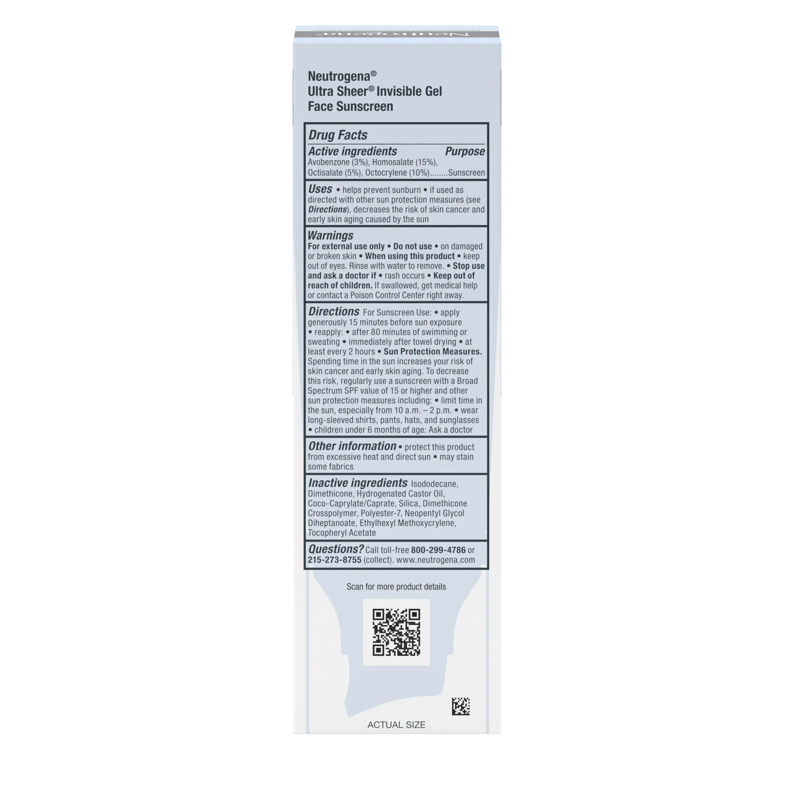 Neutrogena Ultra Sheer Invisible Gel Face Sunscreen Broad Spectrum SPF 40 Back of Packaging