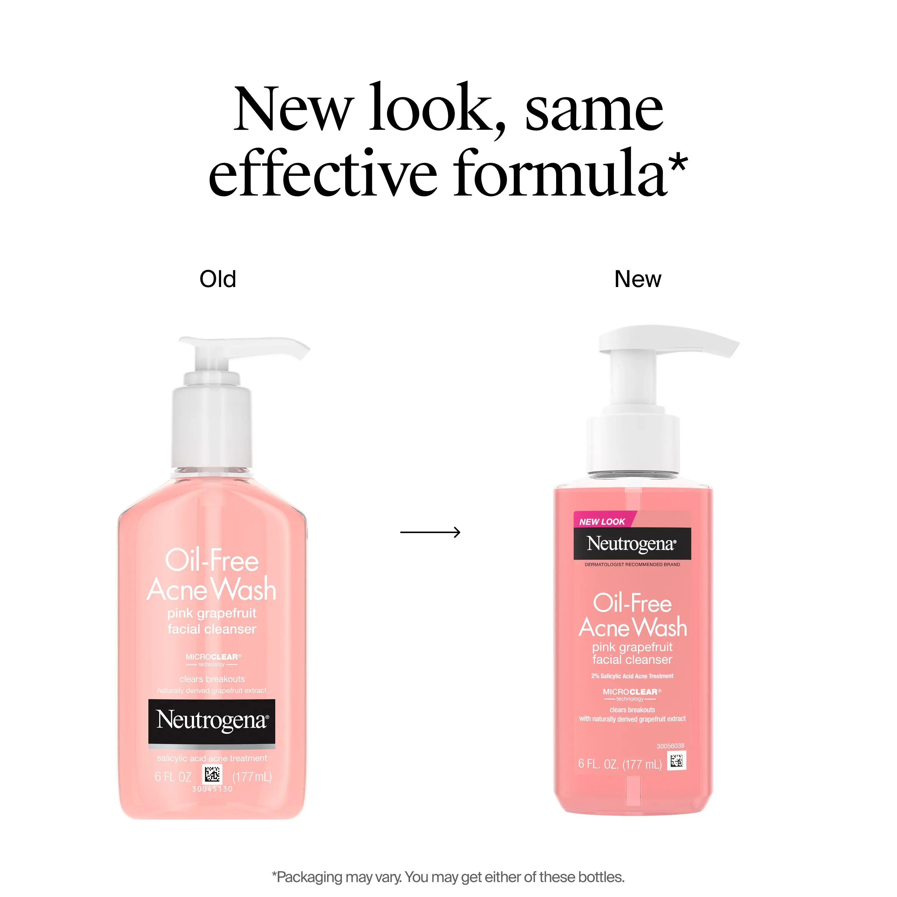 Change of packaging for Neutrogena Oil-Free Acne Wash Pink Grapefruit Facial Cleanser 6 Fl. Oz showing new bottle but same formula