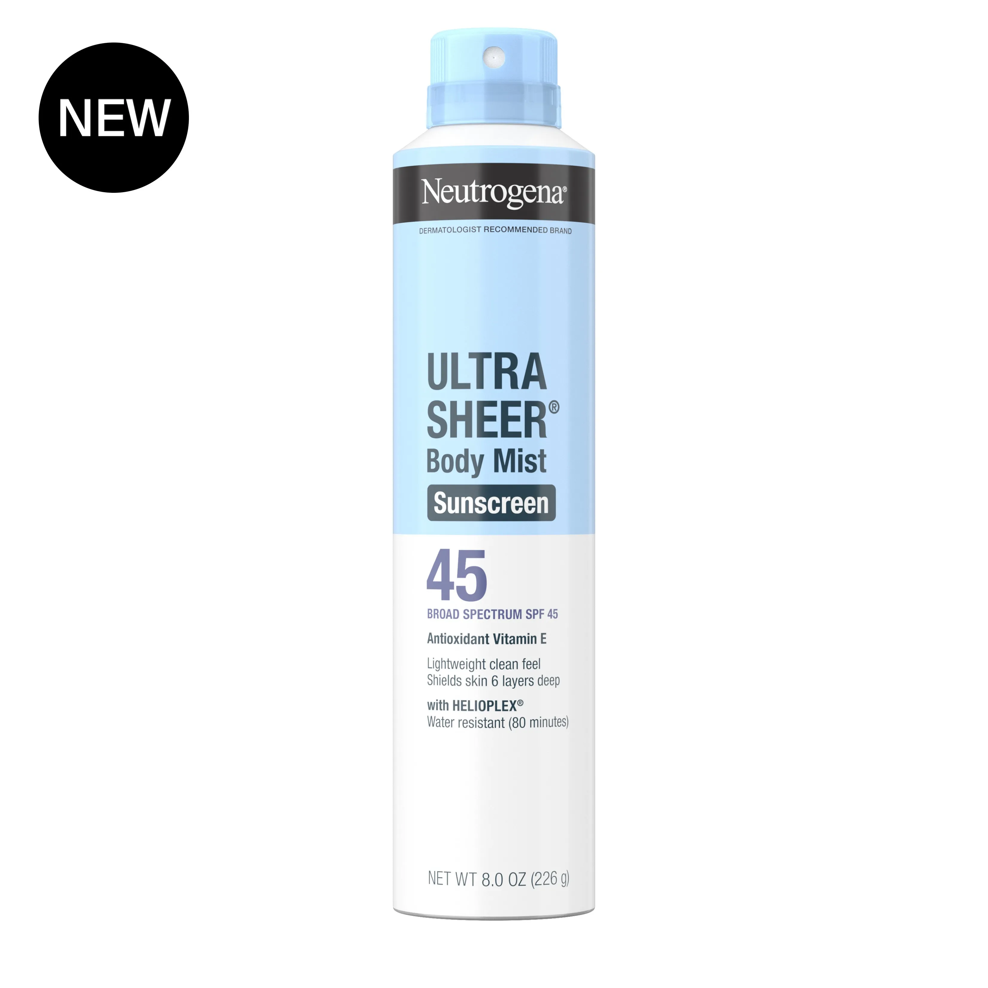 Neutrogena Ultra Sheer® Body Mist Sunscreen Broad Spectrum SPF 45, 5 Oz, front image with badge.