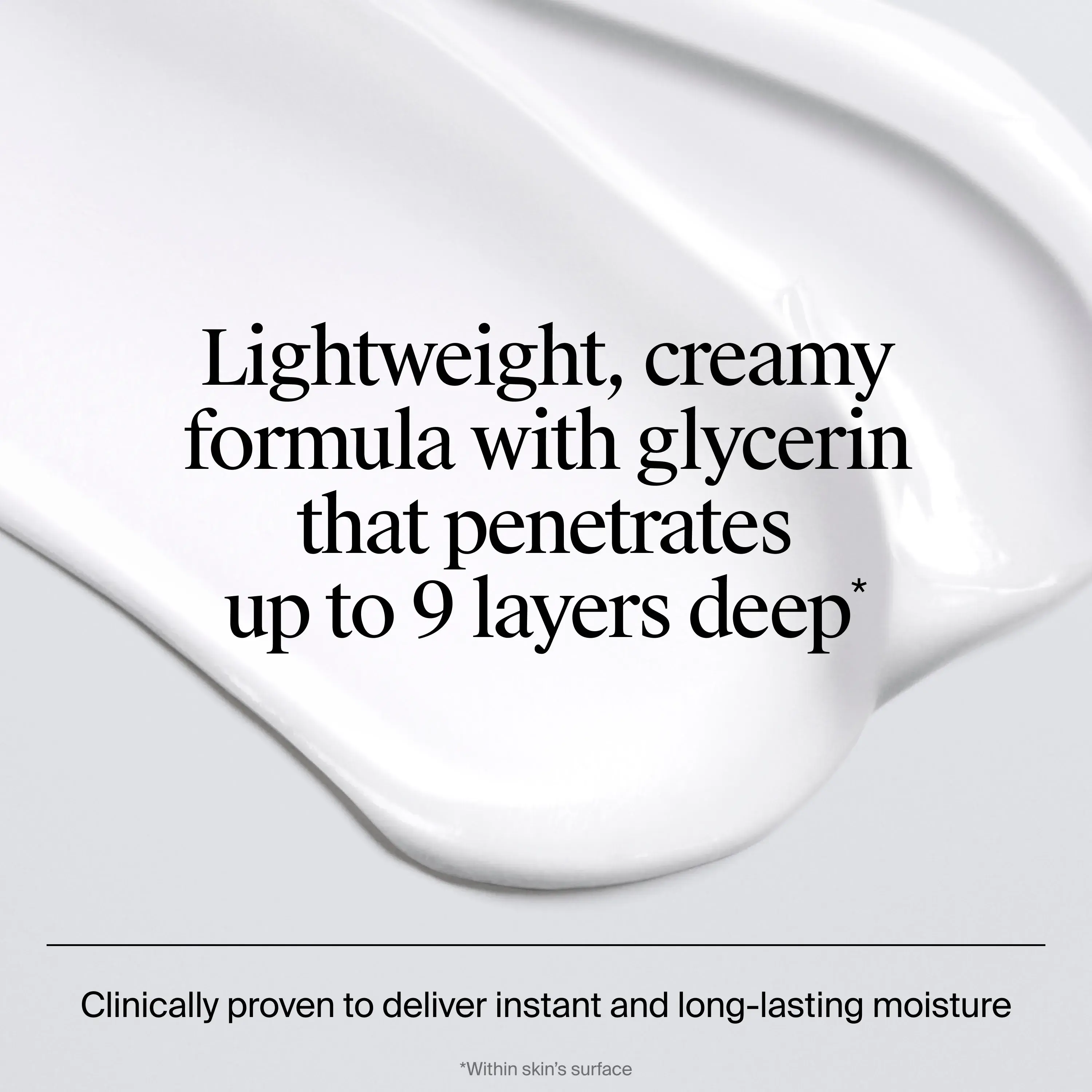 Image displaying Ultra Gentle Face & Body Daily Moisturizing Cream texture and consistency made with glycerin that penetrates up to 9 levels deep