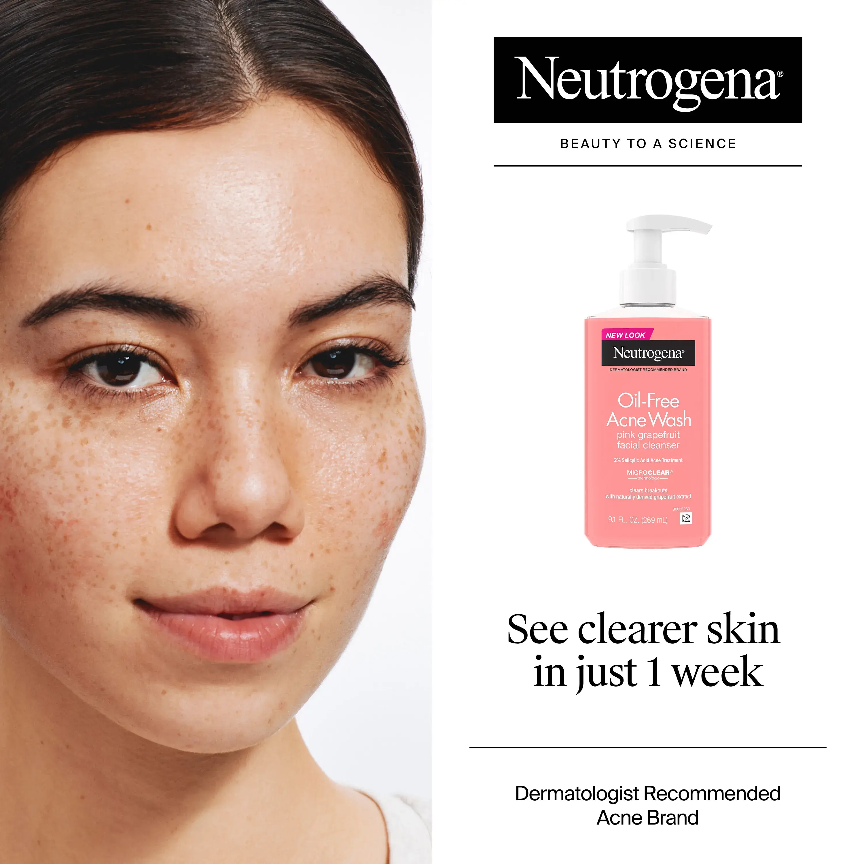 You can see clearer skin with Neutrogena Oil-Free Acne Wash Pink Grapefruit Facial Cleanser within one week, Image displays lady with clear skin
