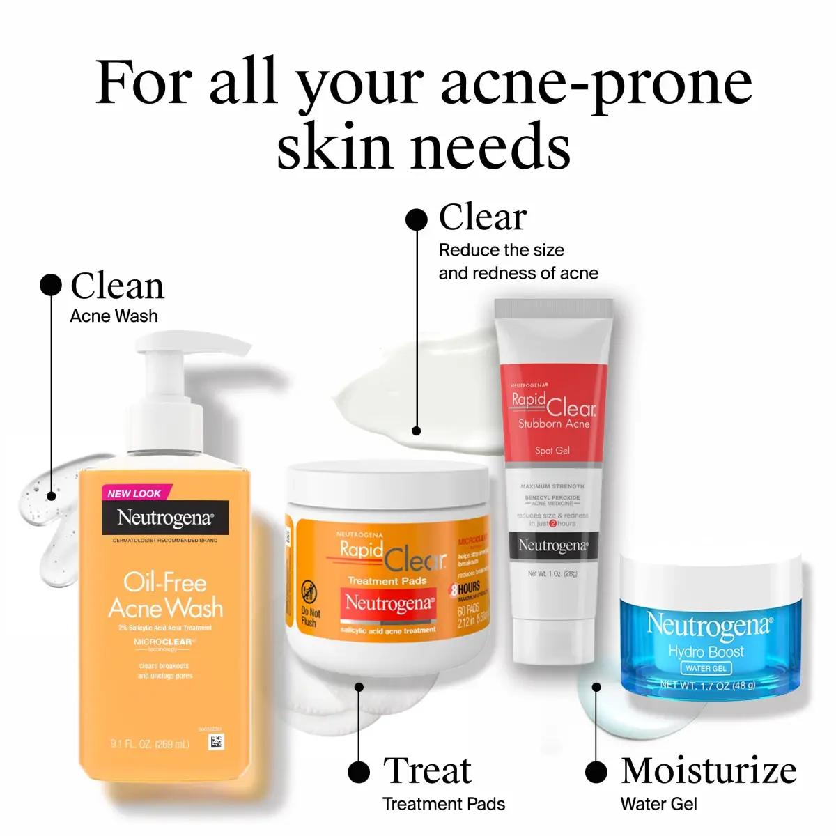 Regimen for all your acne-prone skin needs. Clean with Acne Wash, Treat with Treatment Pads, Clear with Acne Spot Gel, and Moisturize with Water Gel