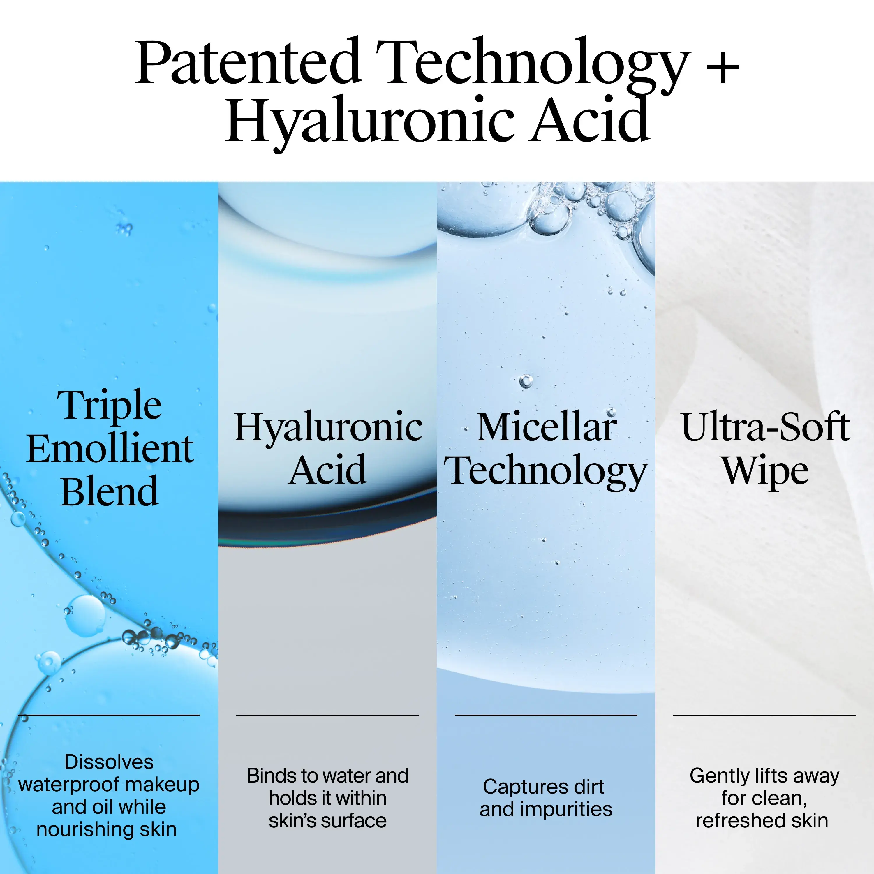 Triple Emollient Blend, dissolves waterproof makeup and oil while nourishing skin. Miceller Technology, captures dirt and impurities. Ultra-Soft Wipe lifts away for clean refreshed skin. Hyaluronic acid, binds to water and holds it within skin's surface