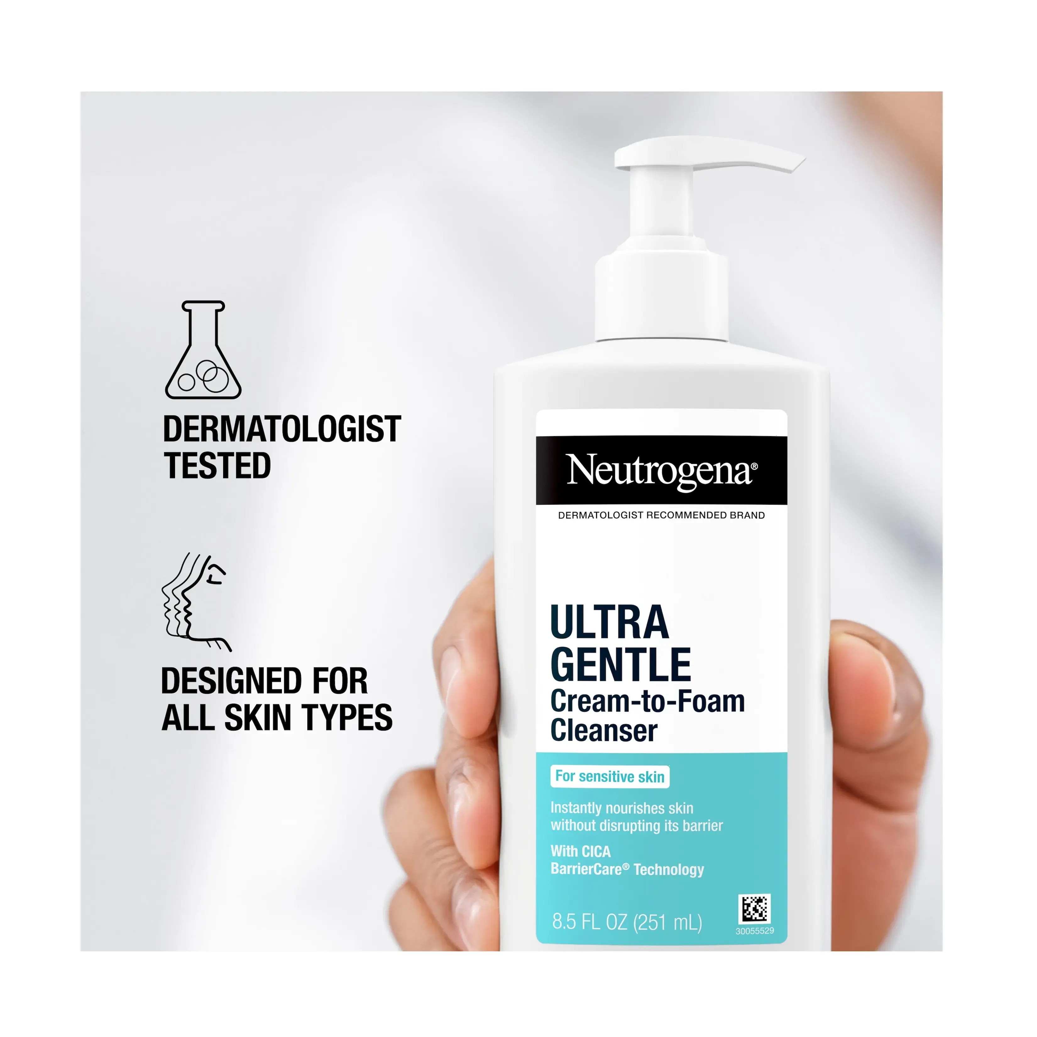Ultra Gentle Hydrating Cream to Foam Cleanser, dermatologist tested designed for all skin types.
