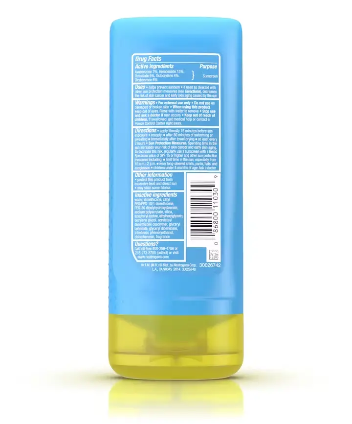 Neutrogena CoolDry Sport Sunscreen Lotion Broad Spectrum SPF 70, back of the package