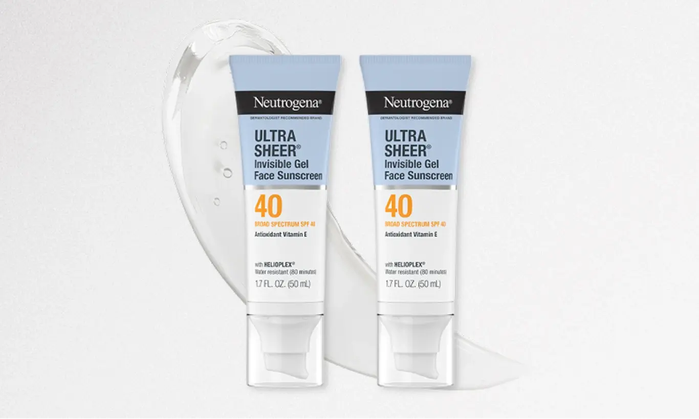 Neutrogena® Ultra Sheer® Invisible Gel Face Sunscreen Packaging and Texture Swatch