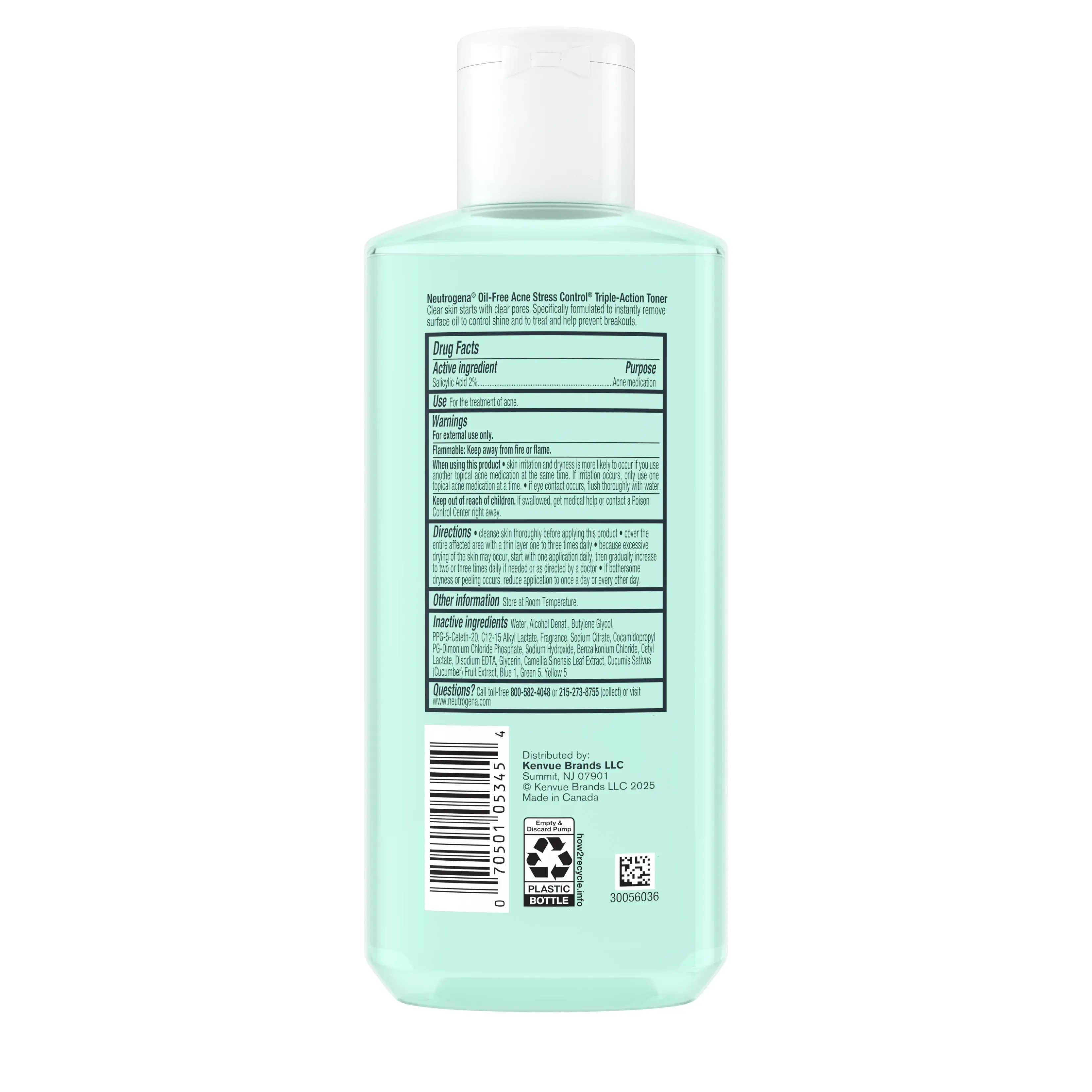 Neutrogena Oil-Free Acne-Fighting Stress Control Triple-Action Toner, 8 Fl. Oz Back of Packaging