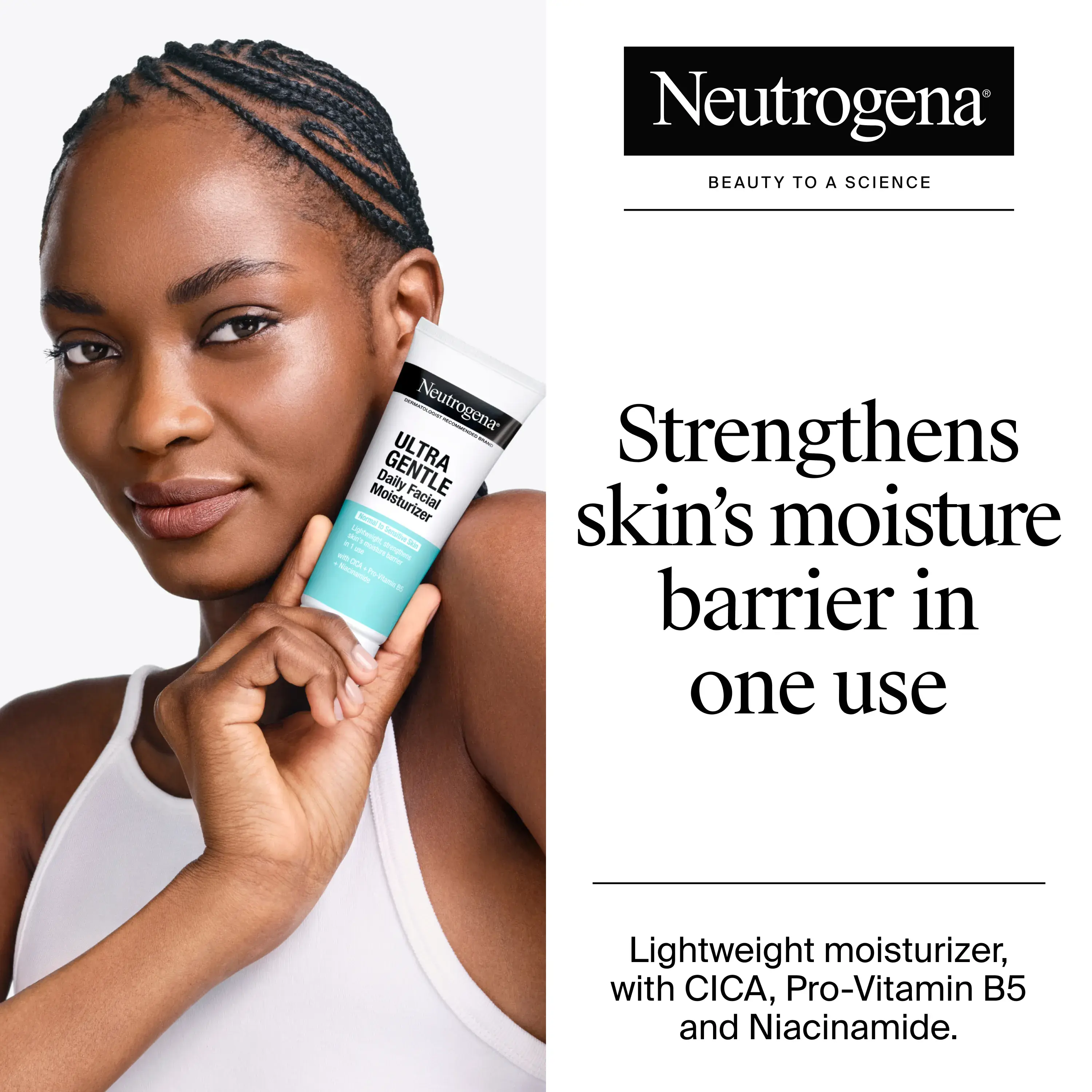 Strengthens skin's moisture barrier in one use. Lightweight moisturizer with CICA, Pro-Vitamin B5 and Niacinamide