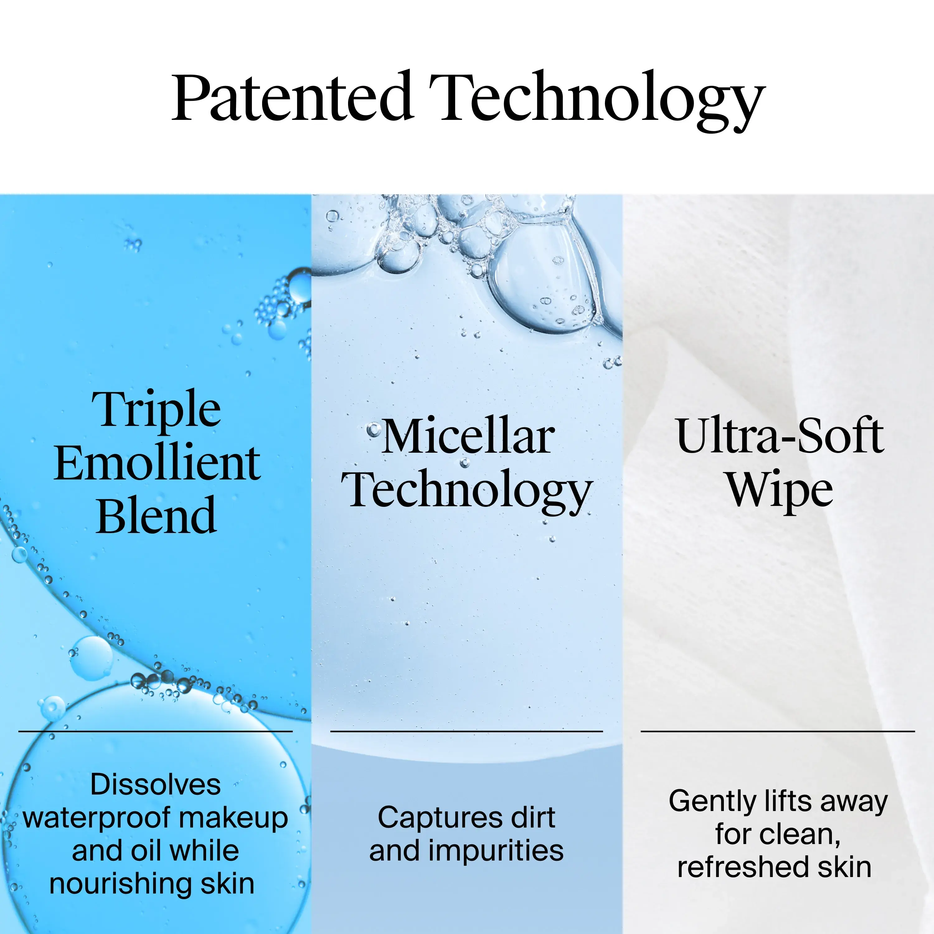 Includes Patented Technology: Triple Emollient Blend, dissolves waterproof makeup and oil while nourishing skin. Miceller Technology, captures dirt and impurities. Ultra-Soft Wipe lifts away for clean refreshed skin