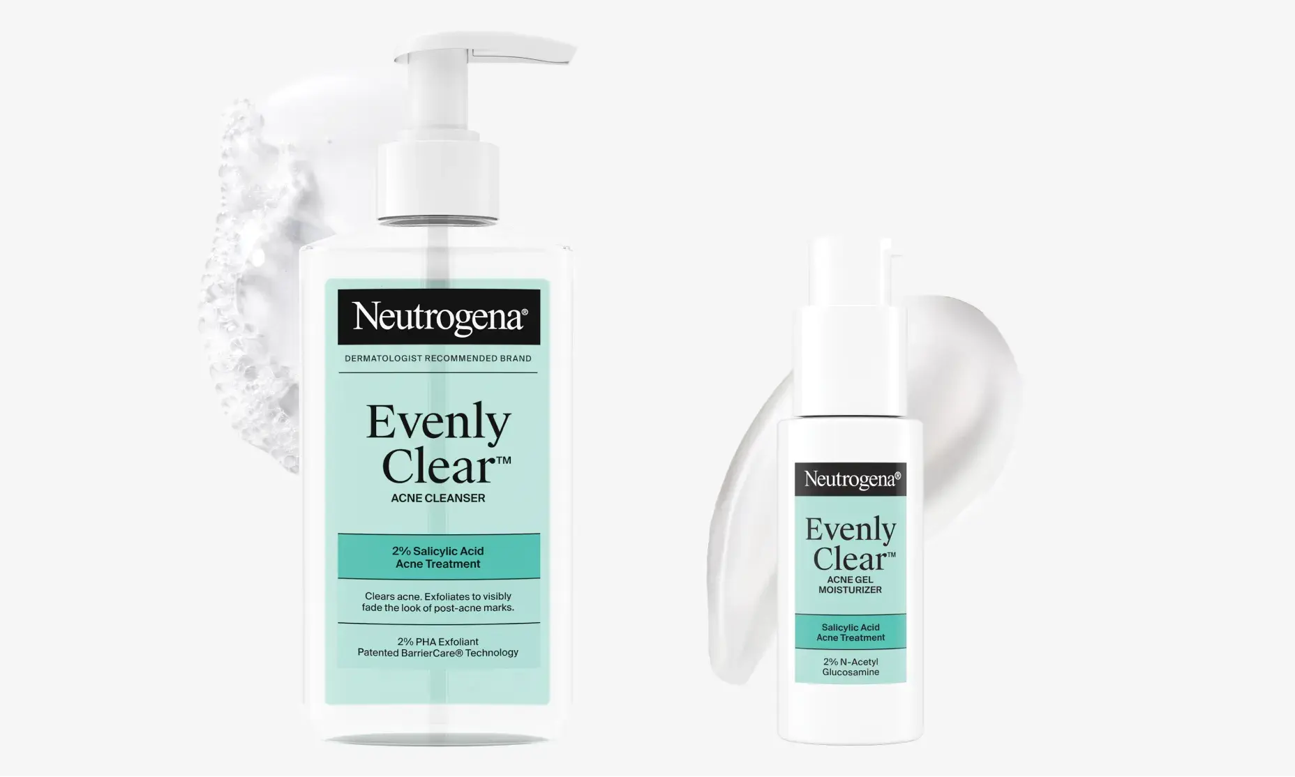 Neutrogena® Evenly Clear Acne cleanser & Evenly Clear Acne Gel Moisturizer Packaging